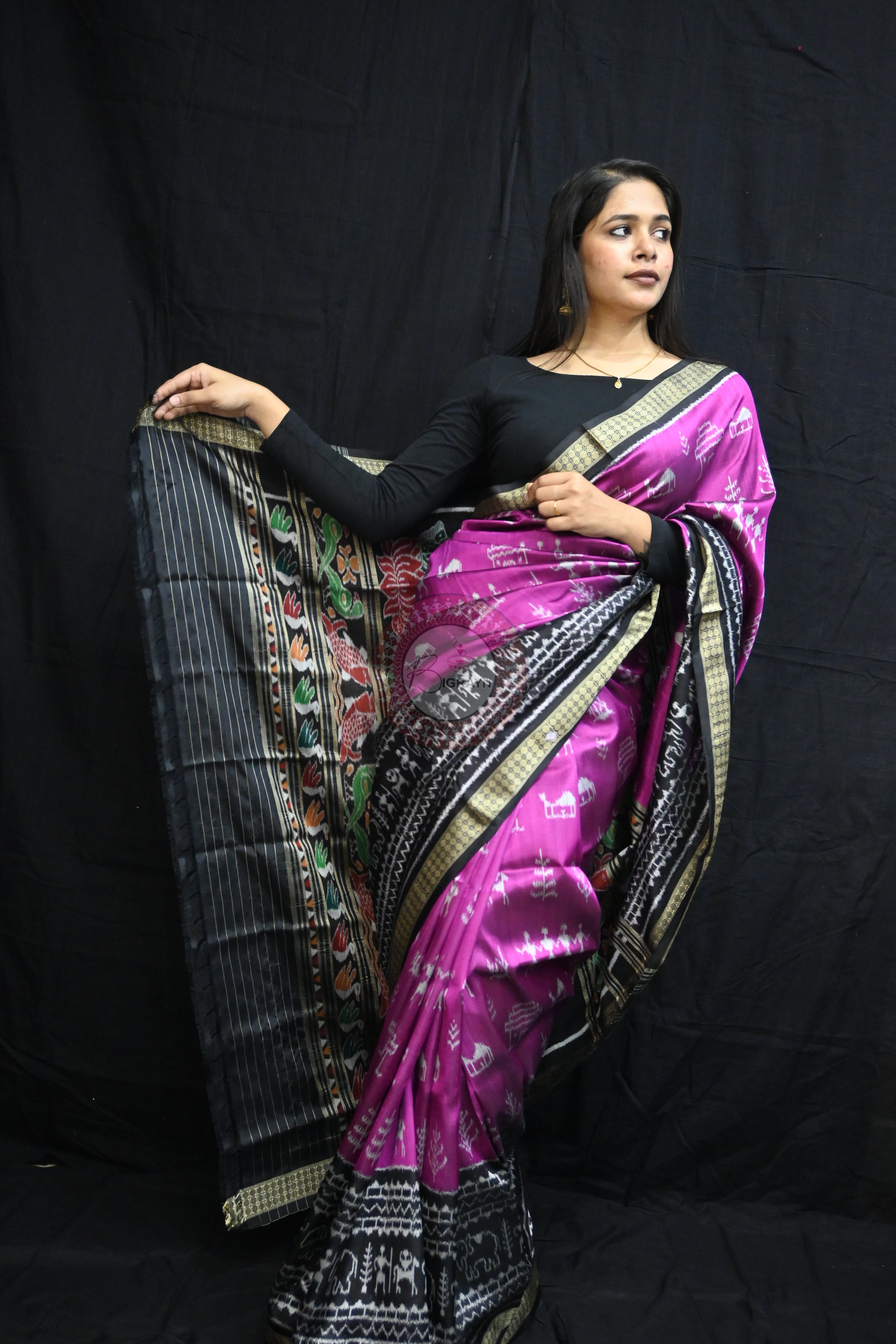 Purple Black Tribal House Scot Mulberry Silk Saree