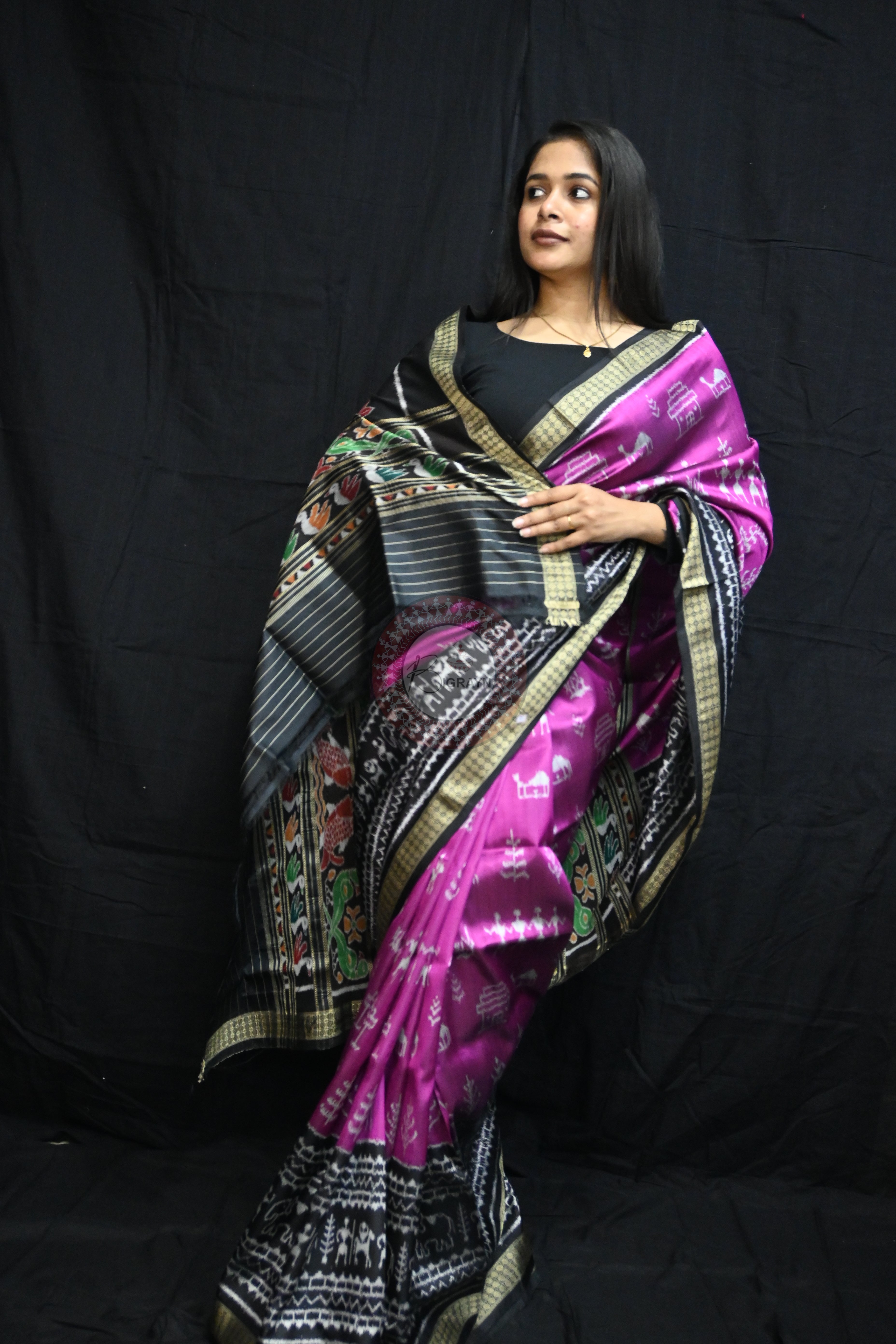 Purple Black Tribal House Scot Mulberry Silk Saree