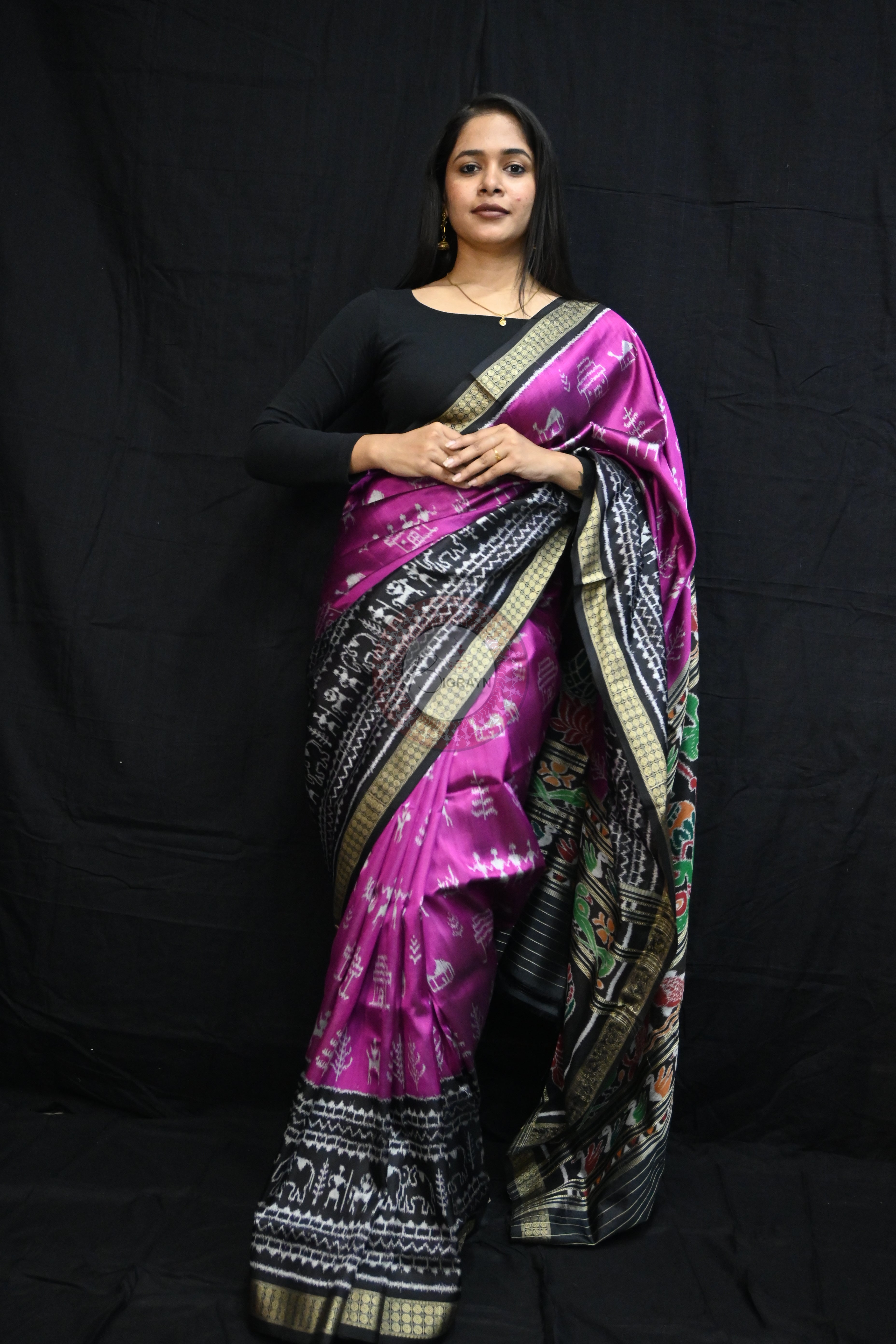 Purple Black Tribal House Scot Mulberry Silk Saree