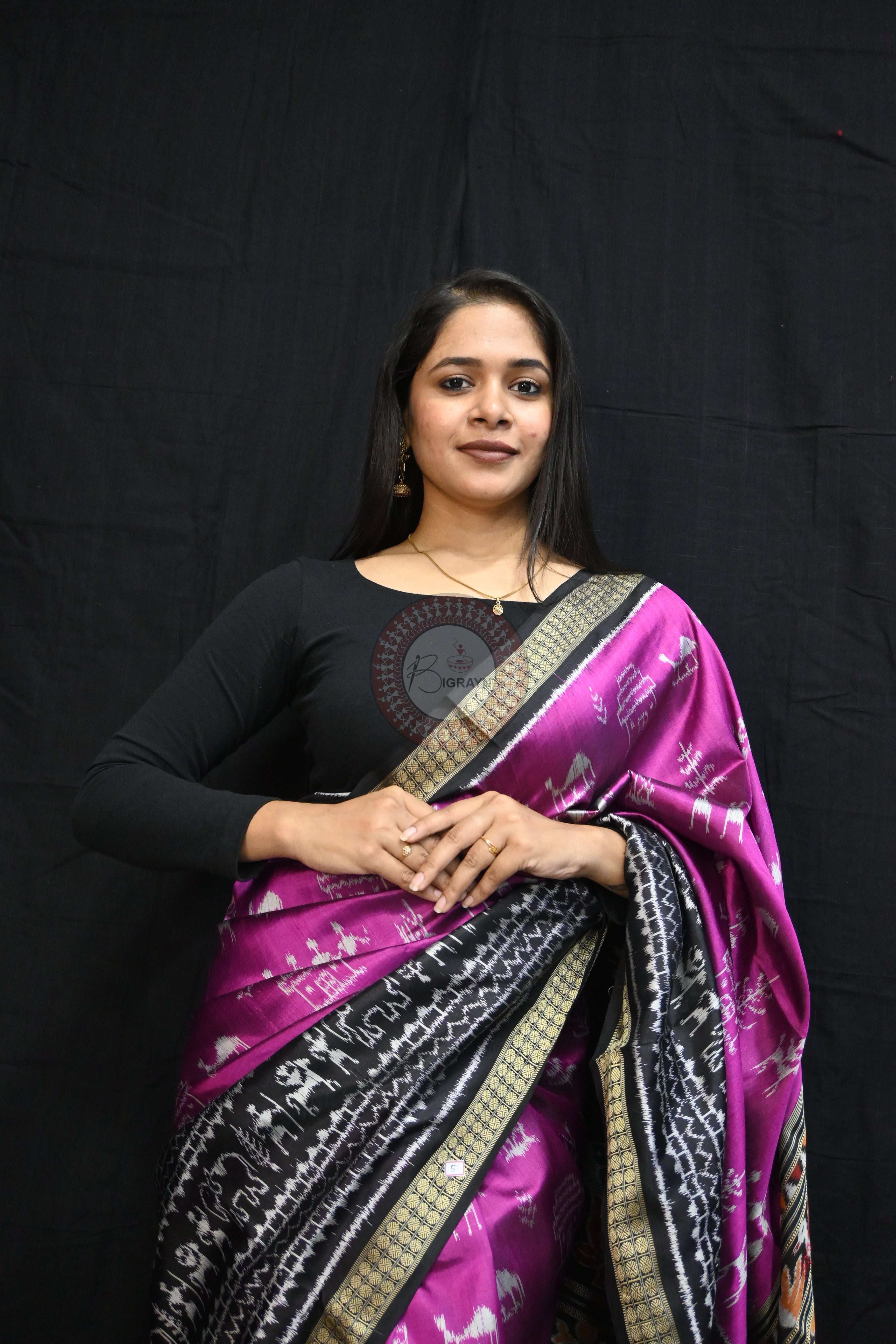 Purple Black Tribal House Scot Mulberry Silk Saree