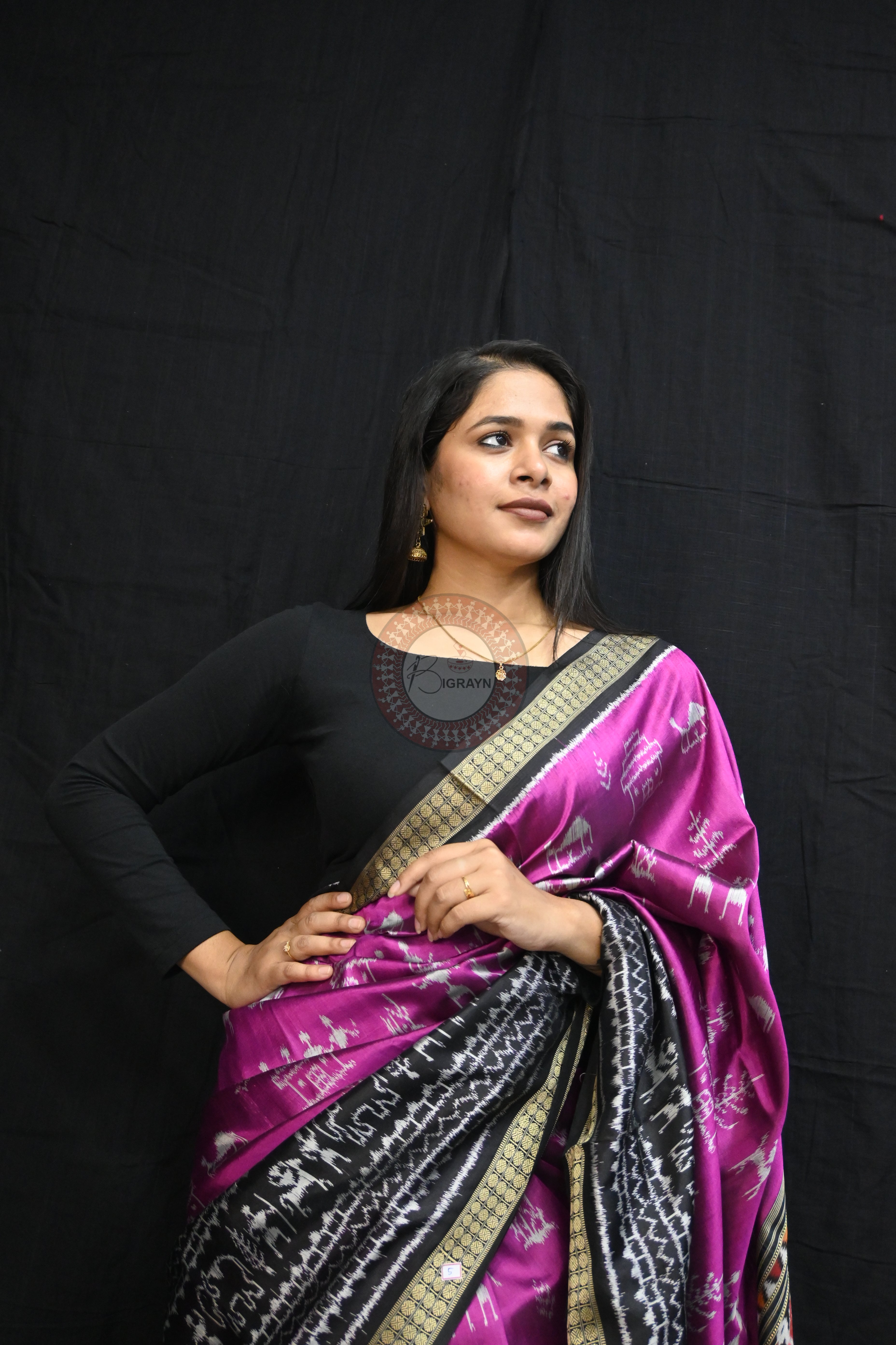 Purple Black Tribal House Scot Mulberry Silk Saree