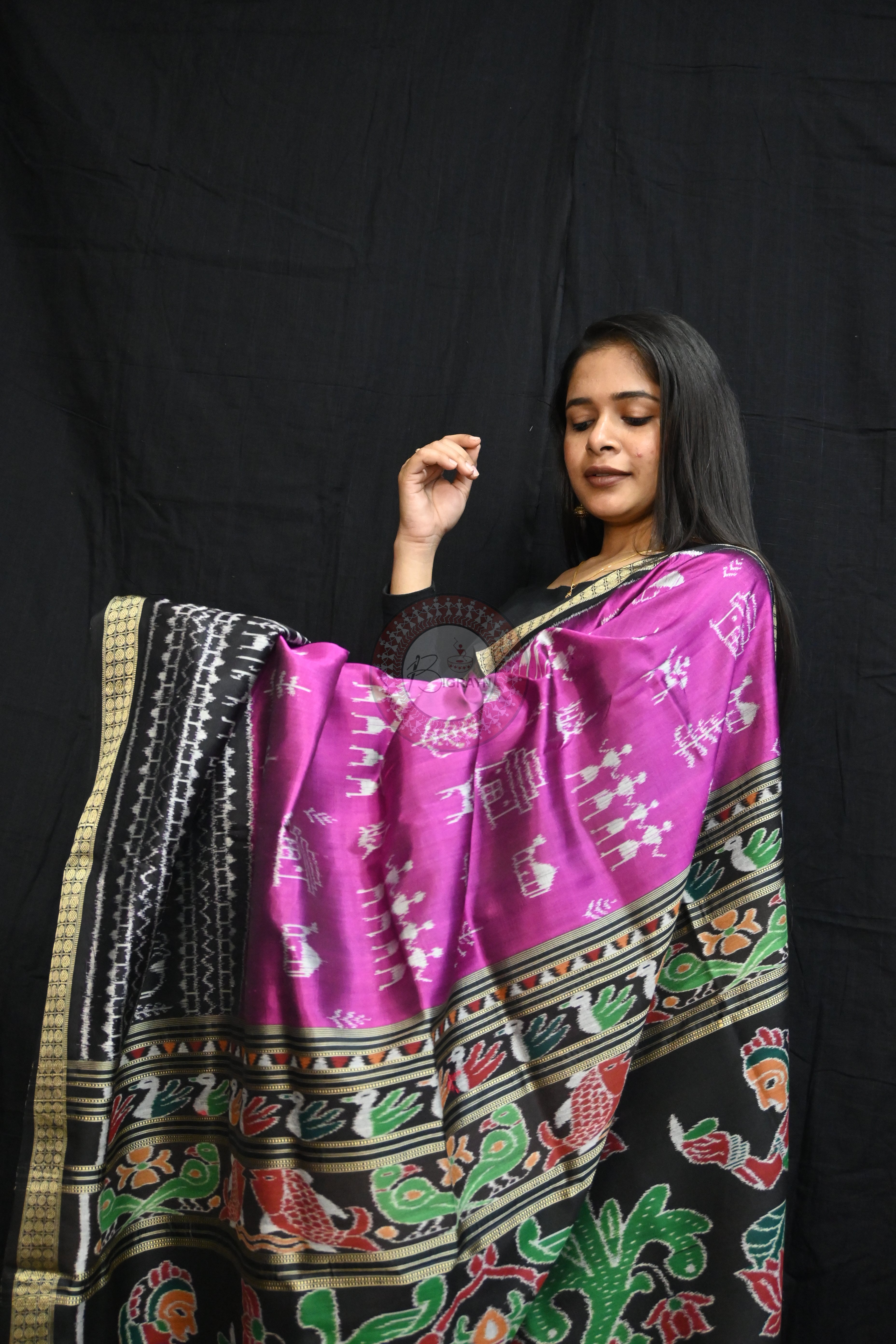 Purple Black Tribal House Scot Mulberry Silk Saree
