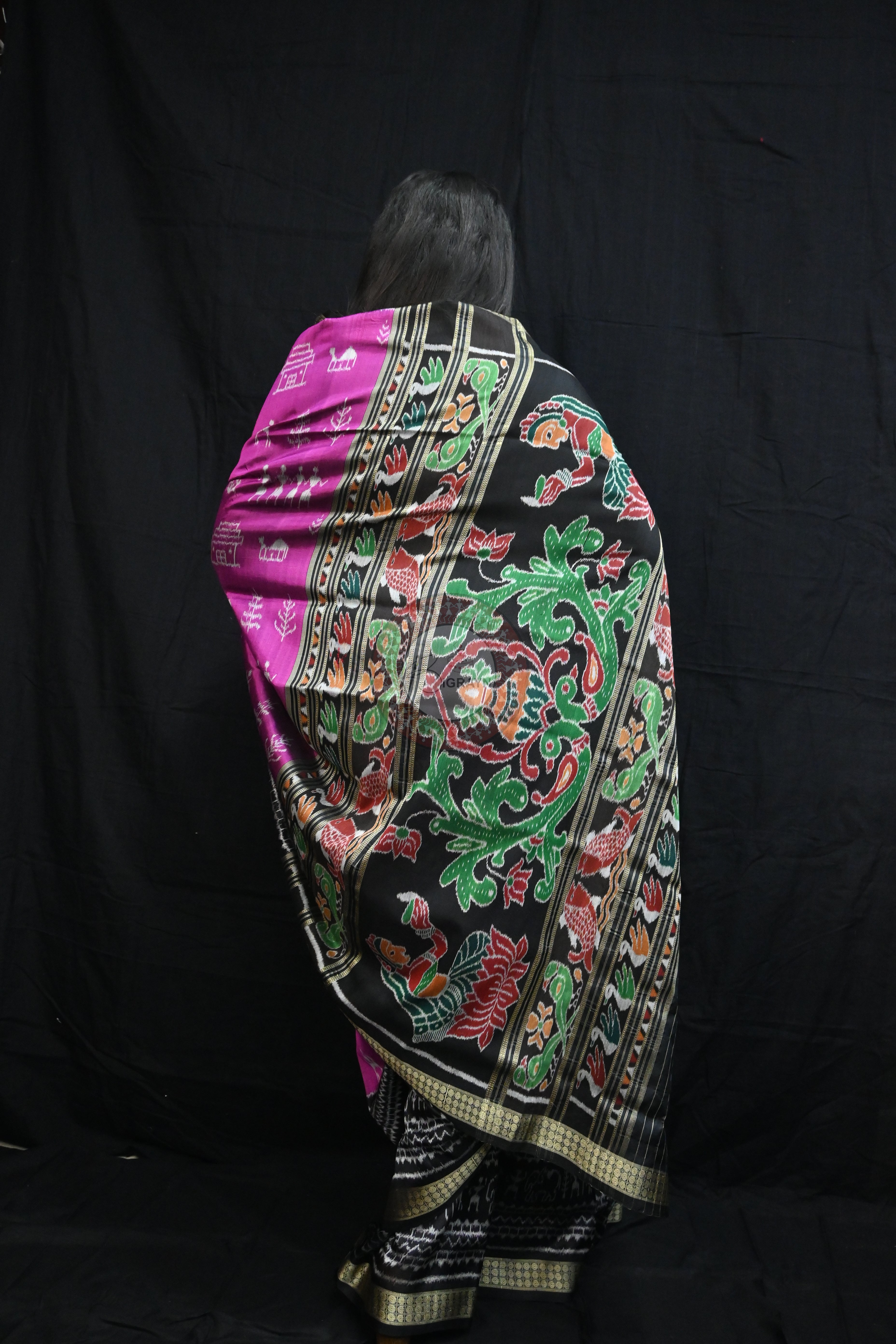 Purple Black Tribal House Scot Mulberry Silk Saree