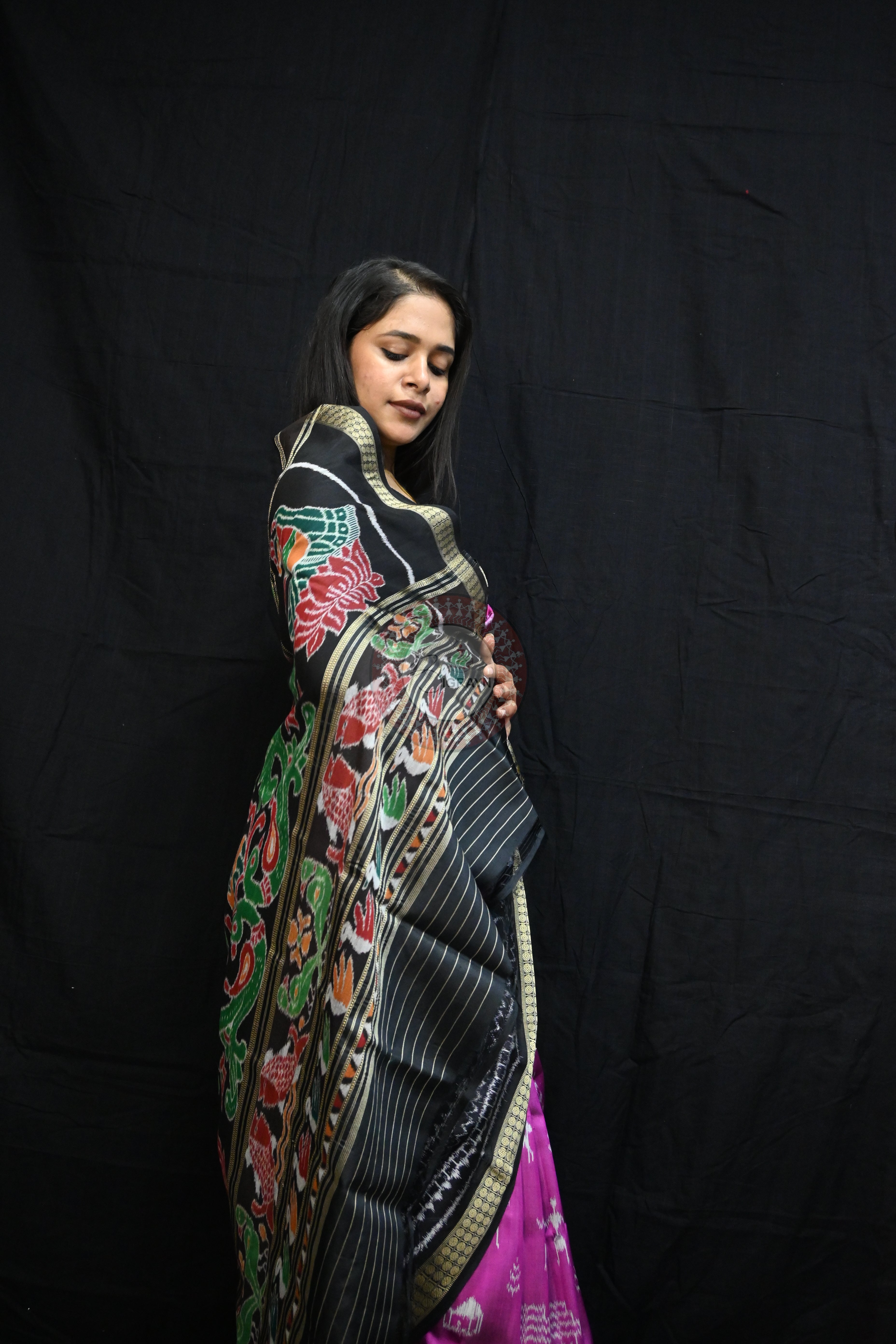 Purple Black Tribal House Scot Mulberry Silk Saree