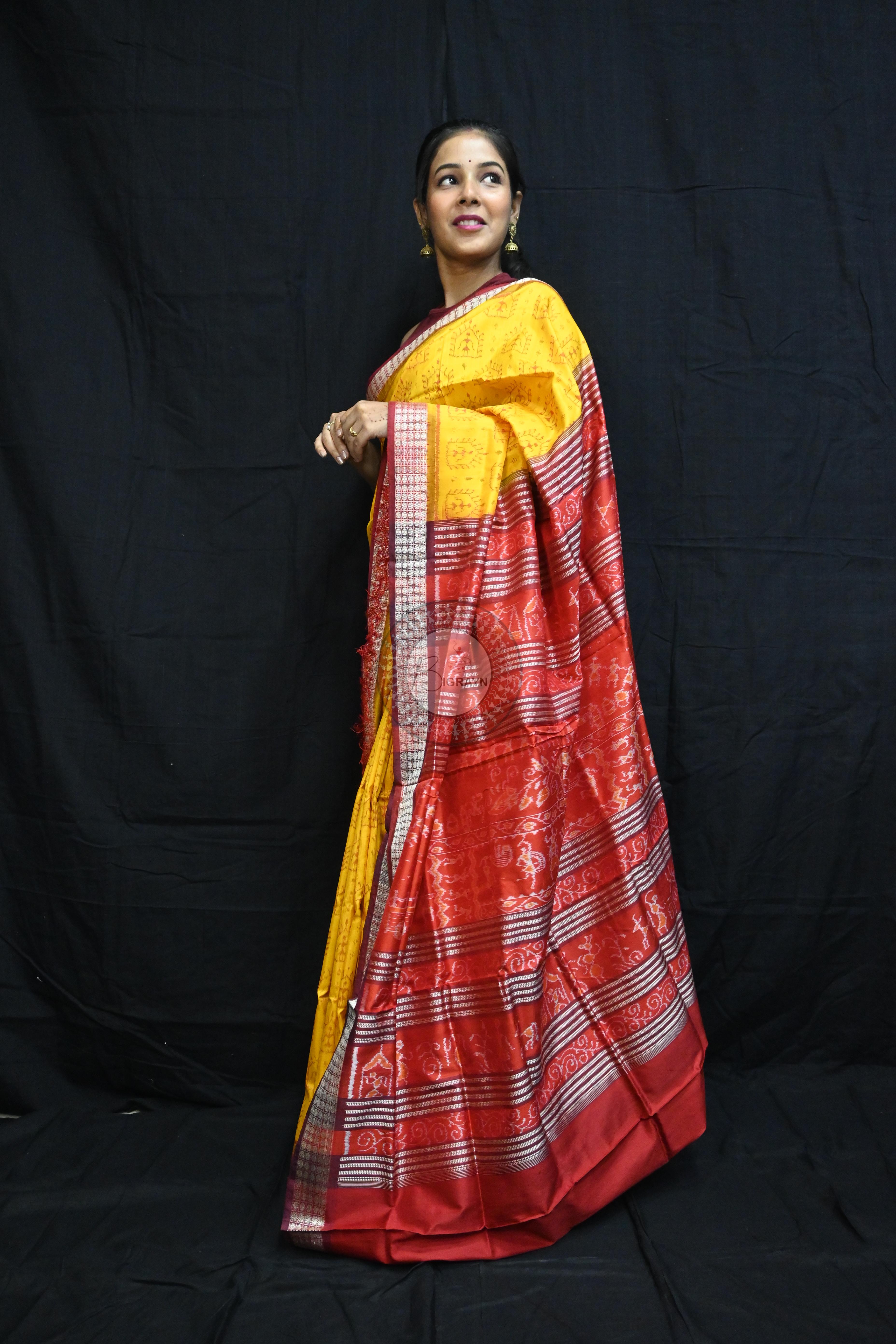 Yellow Maroon Tribal House Sambalpuri Silk Saree