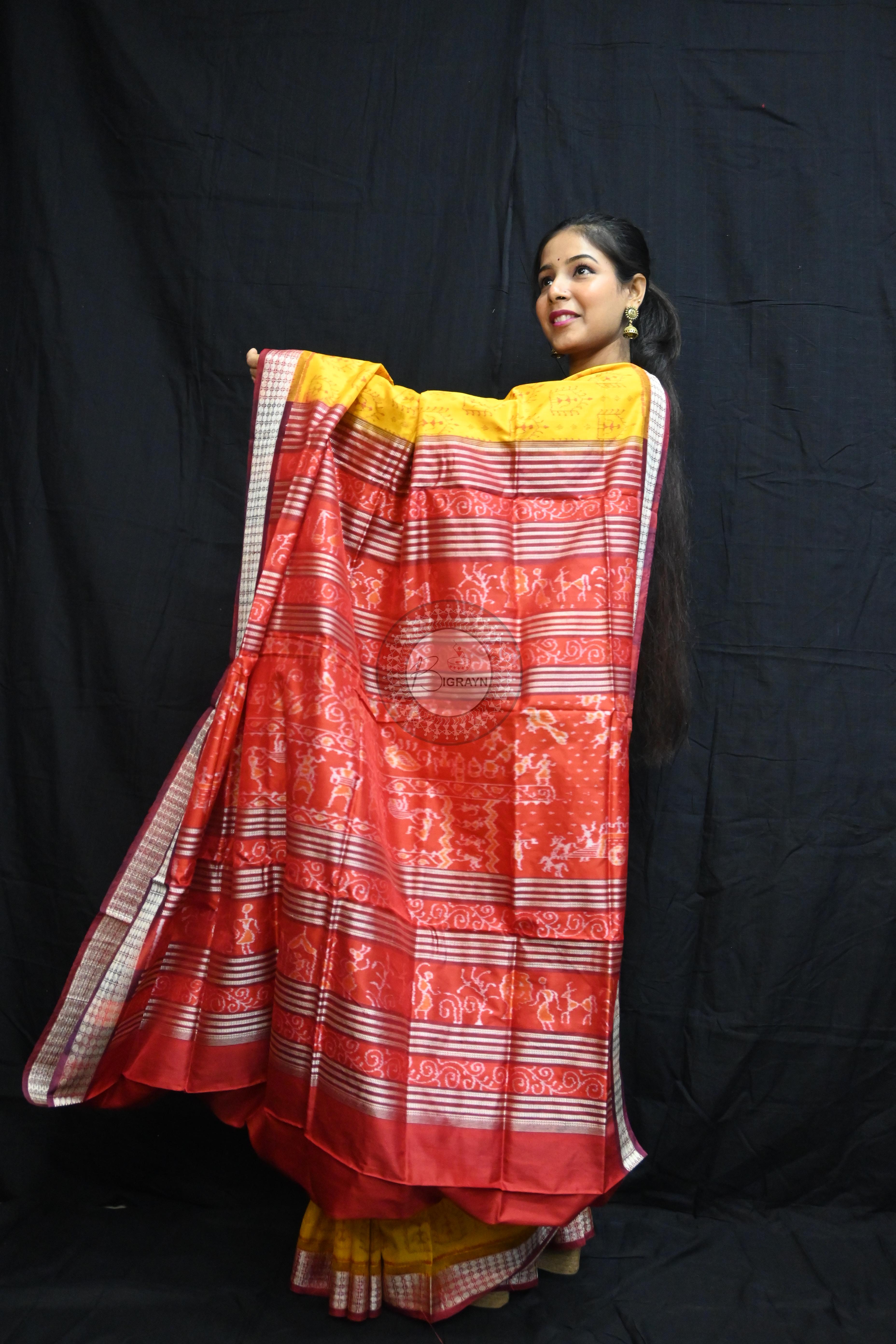 Yellow Maroon Tribal House Sambalpuri Silk Saree