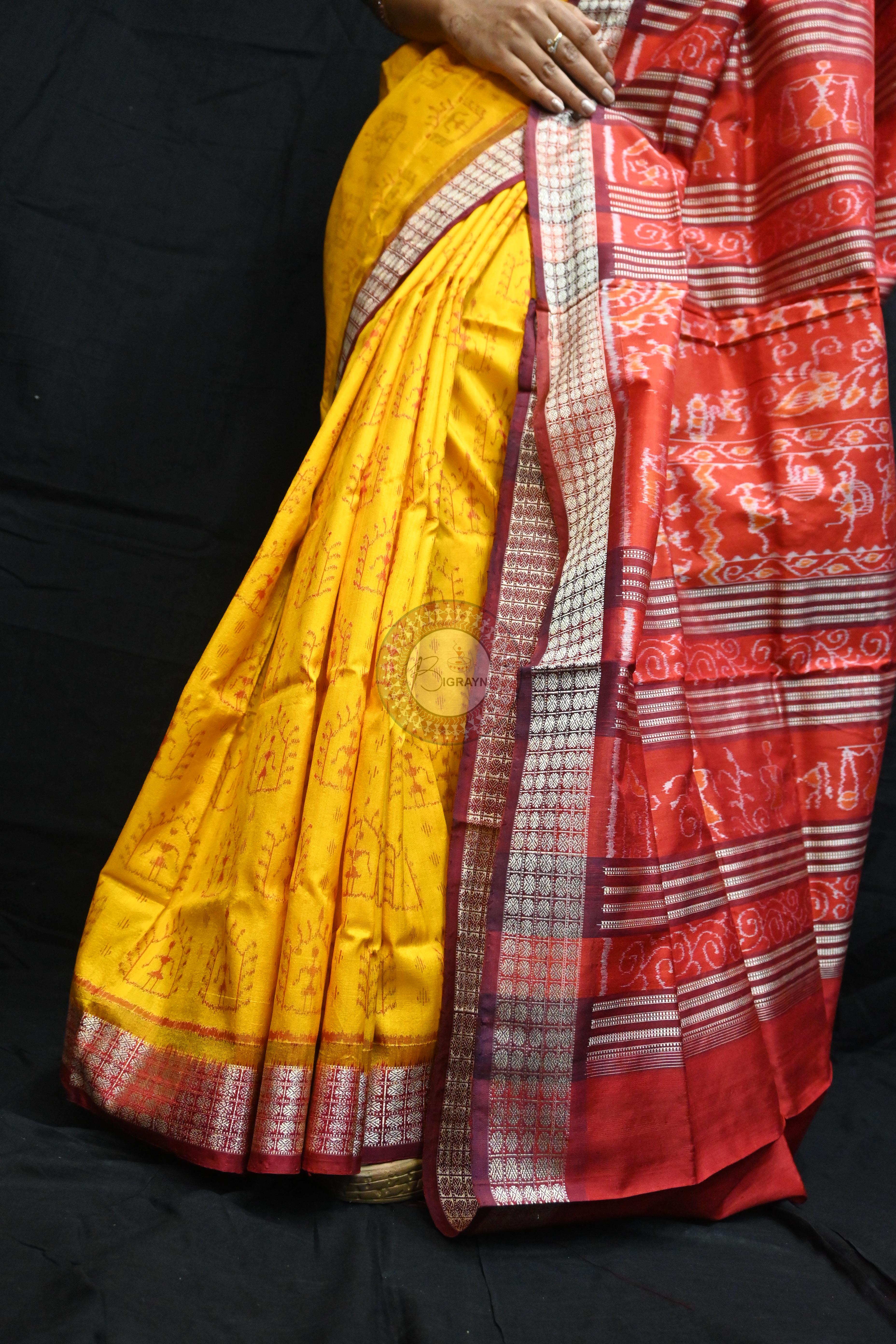 Yellow Maroon Tribal House Sambalpuri Silk Saree