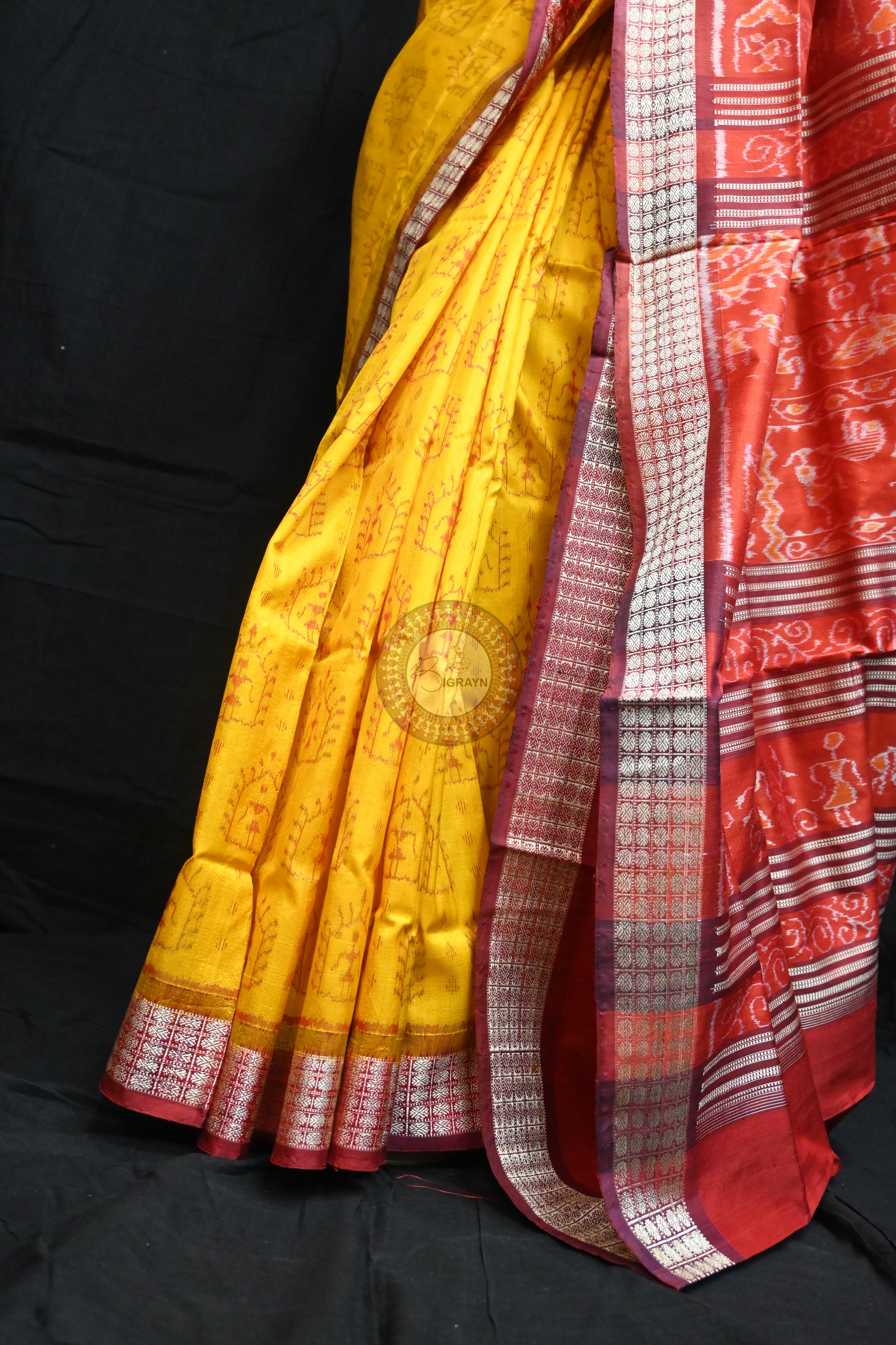 Yellow Maroon Tribal House Sambalpuri Silk Saree