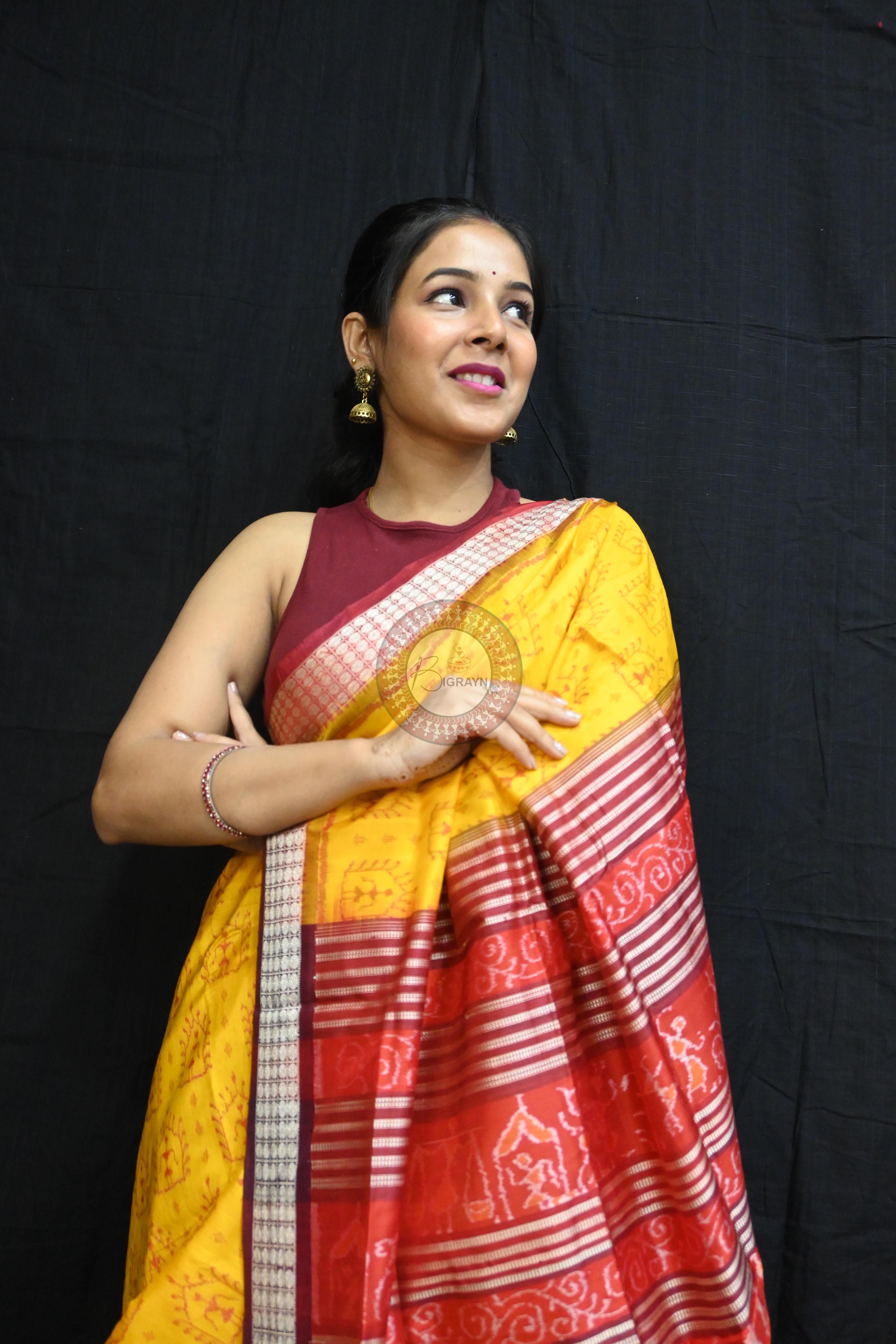 Yellow Maroon Tribal House Sambalpuri Silk Saree