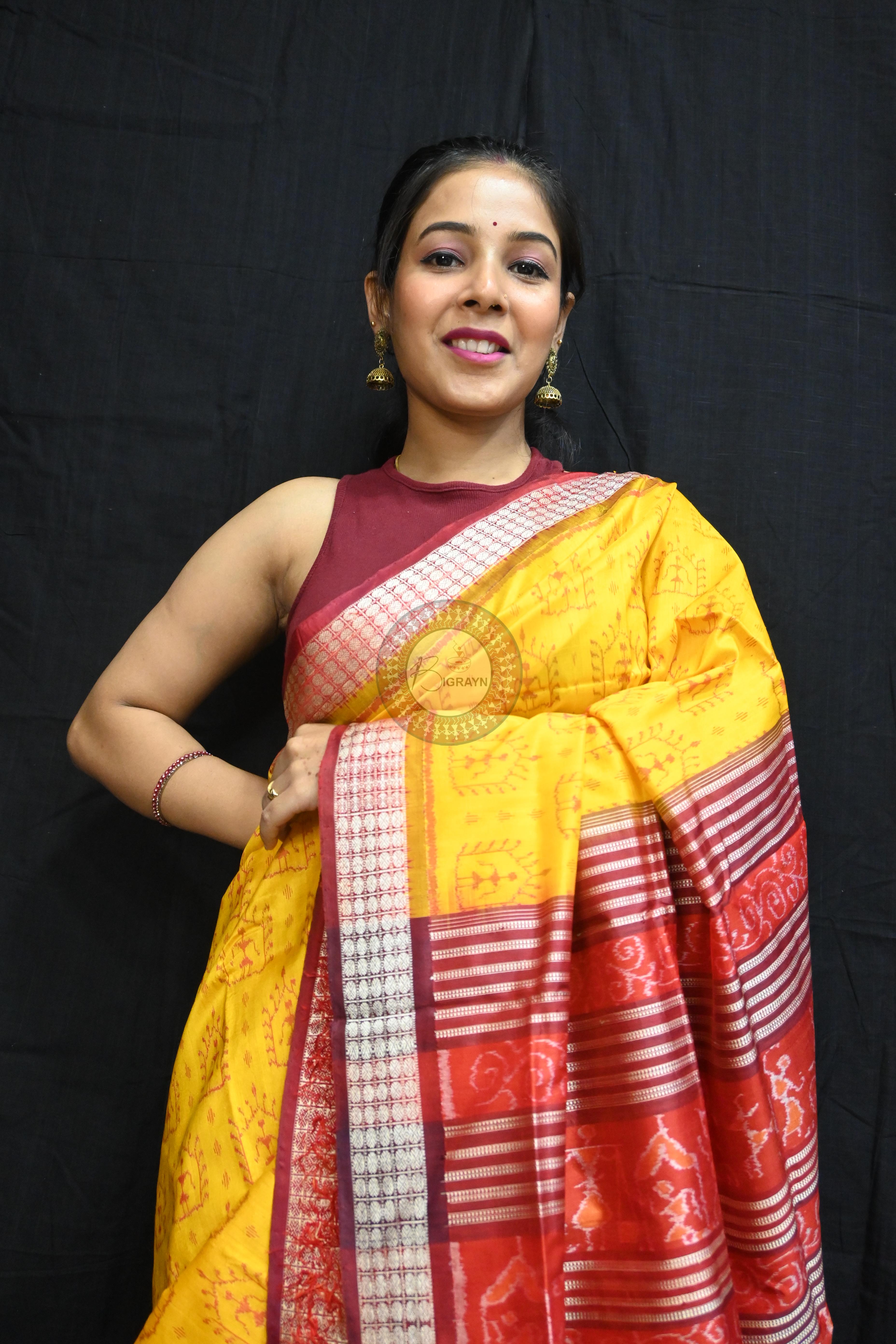 Yellow Maroon Tribal House Sambalpuri Silk Saree