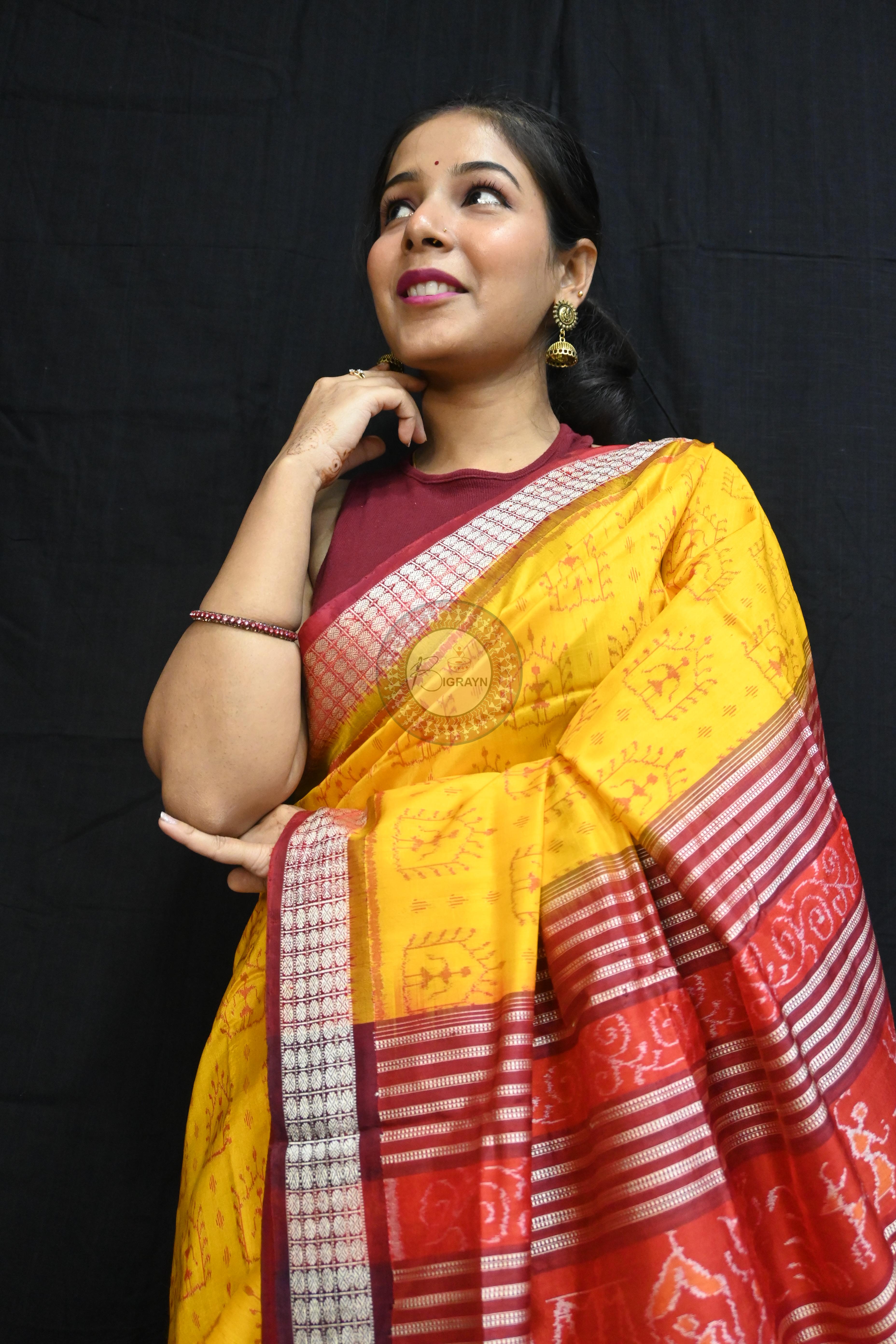 Yellow Maroon Tribal House Sambalpuri Silk Saree