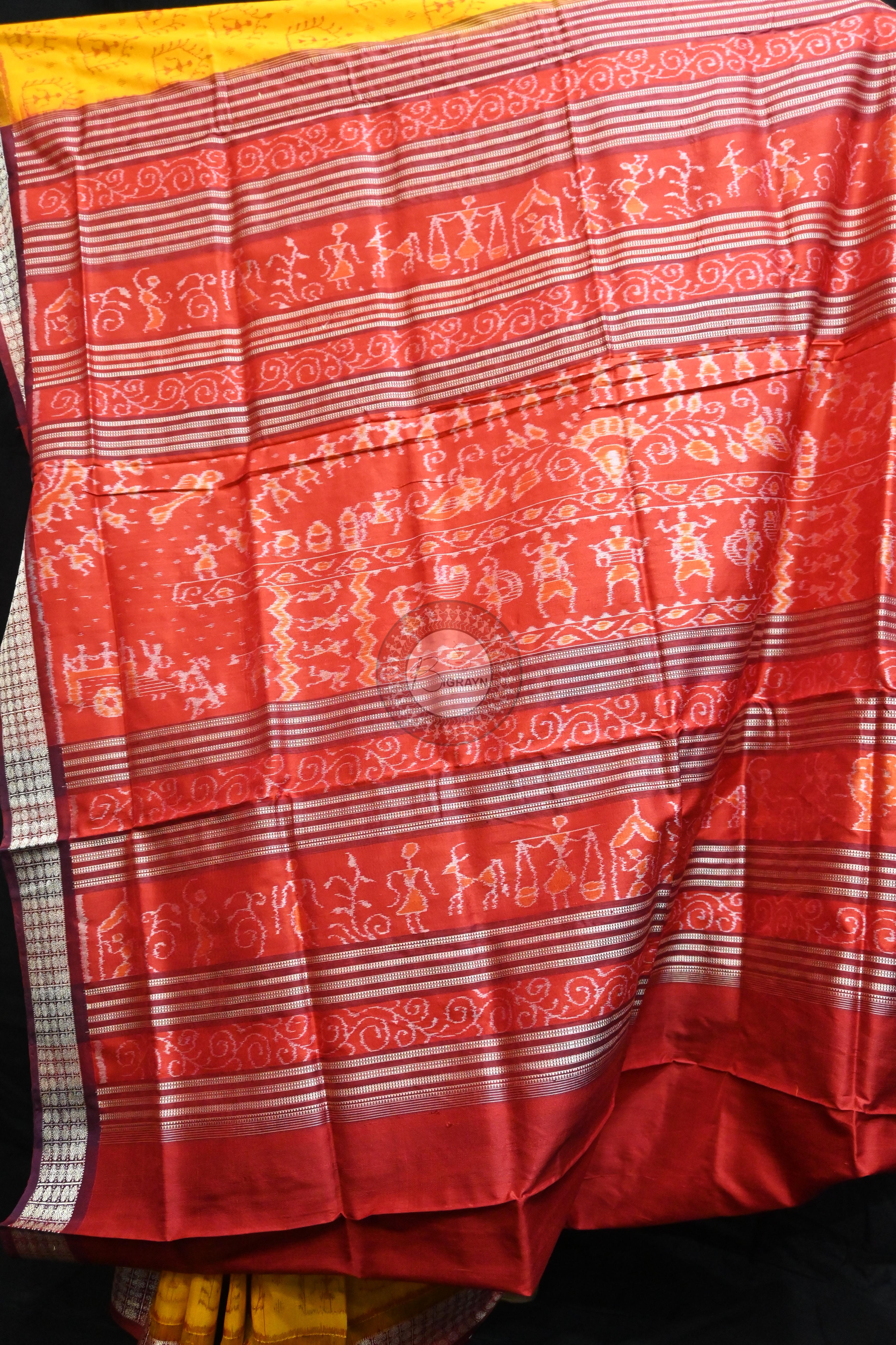 Yellow Maroon Tribal House Sambalpuri Silk Saree