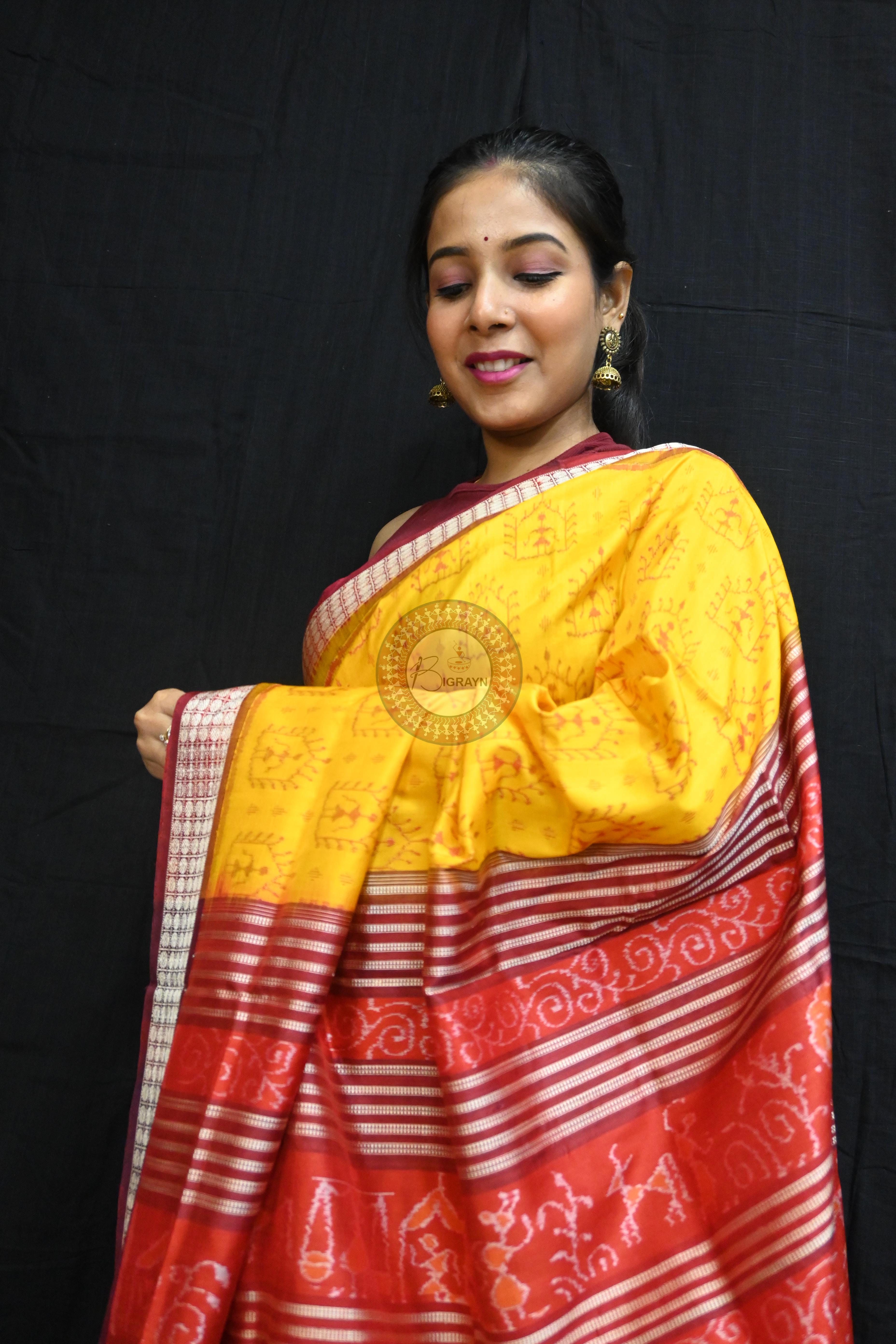 Yellow Maroon Tribal House Sambalpuri Silk Saree