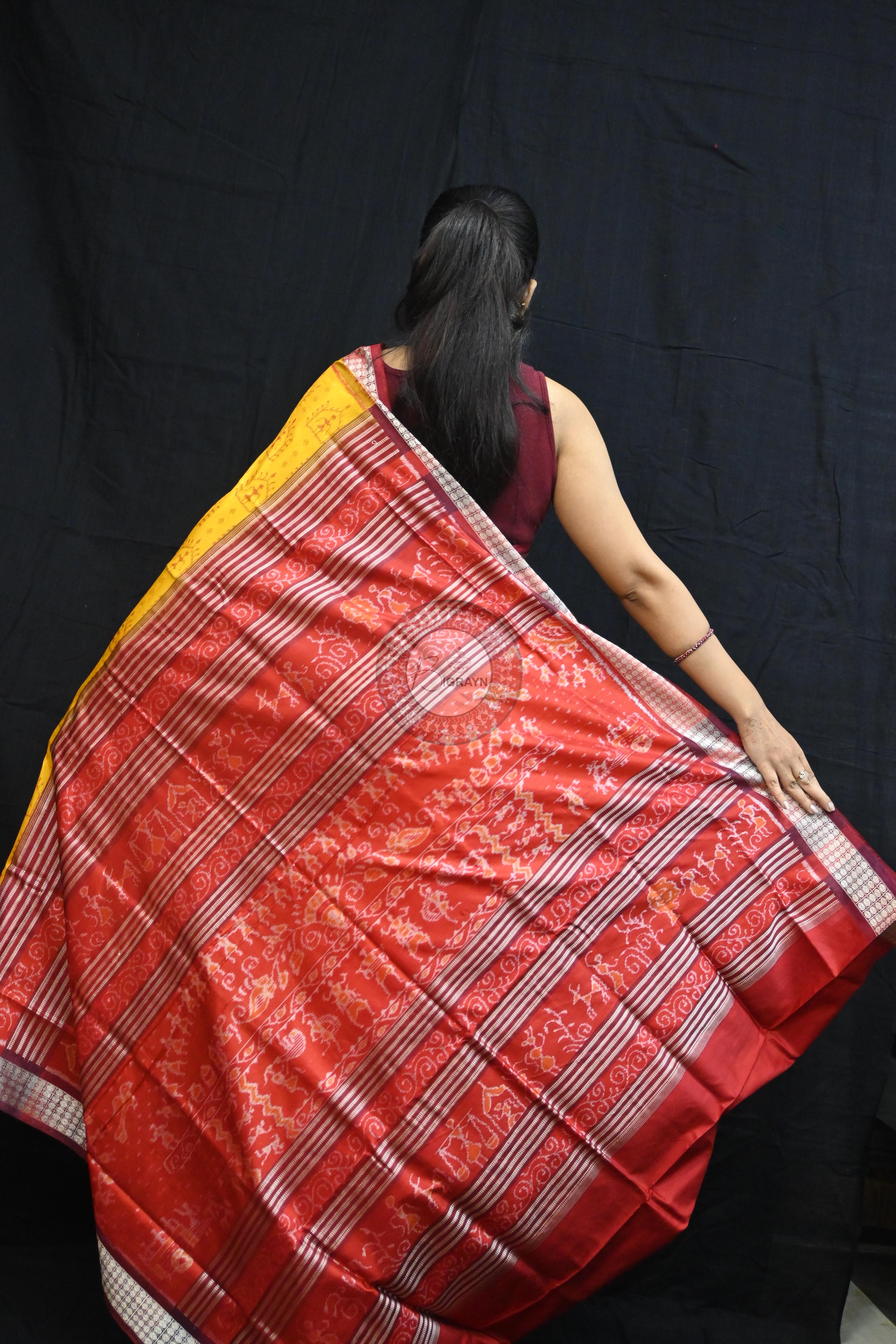 Yellow Maroon Tribal House Sambalpuri Silk Saree