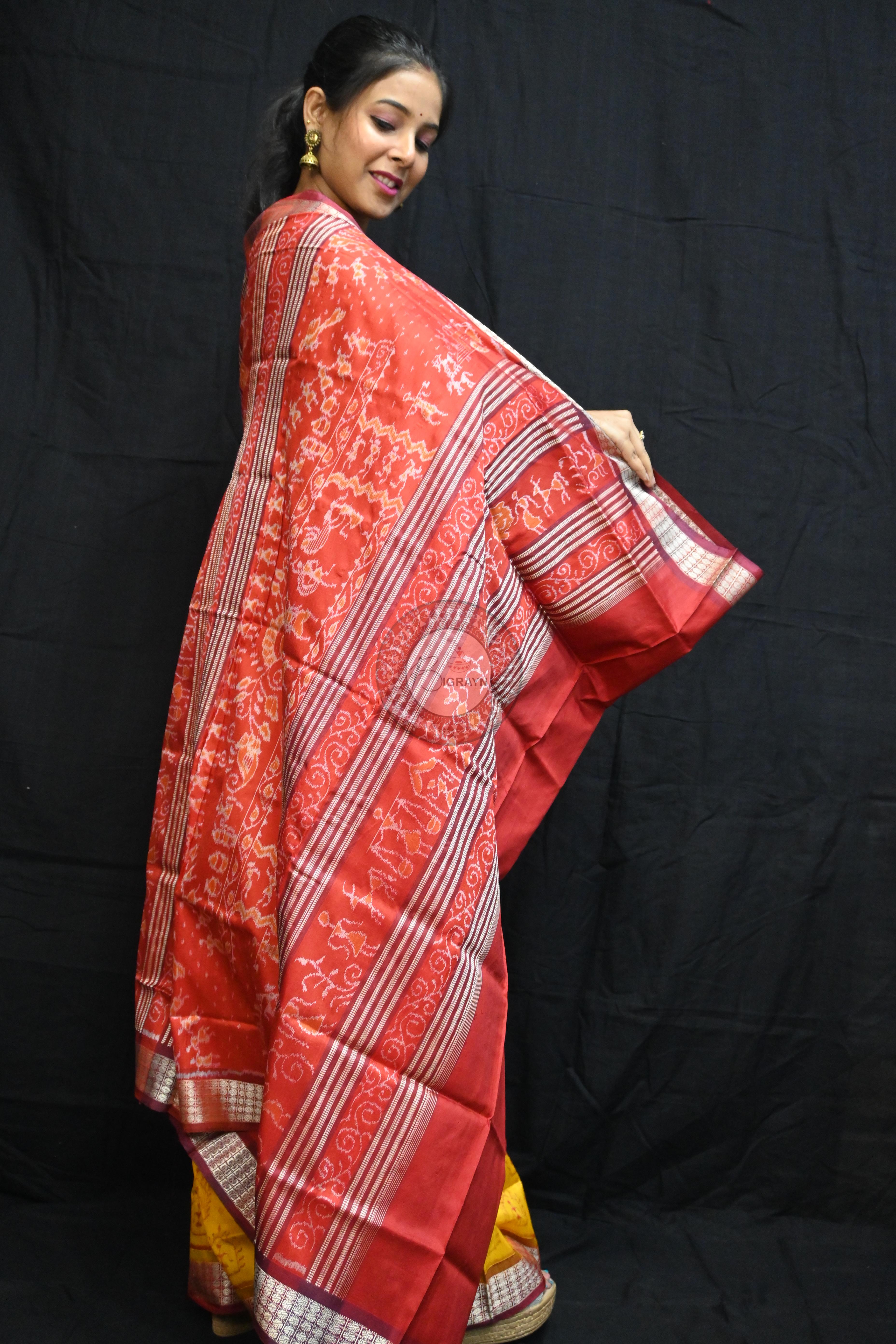 Yellow Maroon Tribal House Sambalpuri Silk Saree