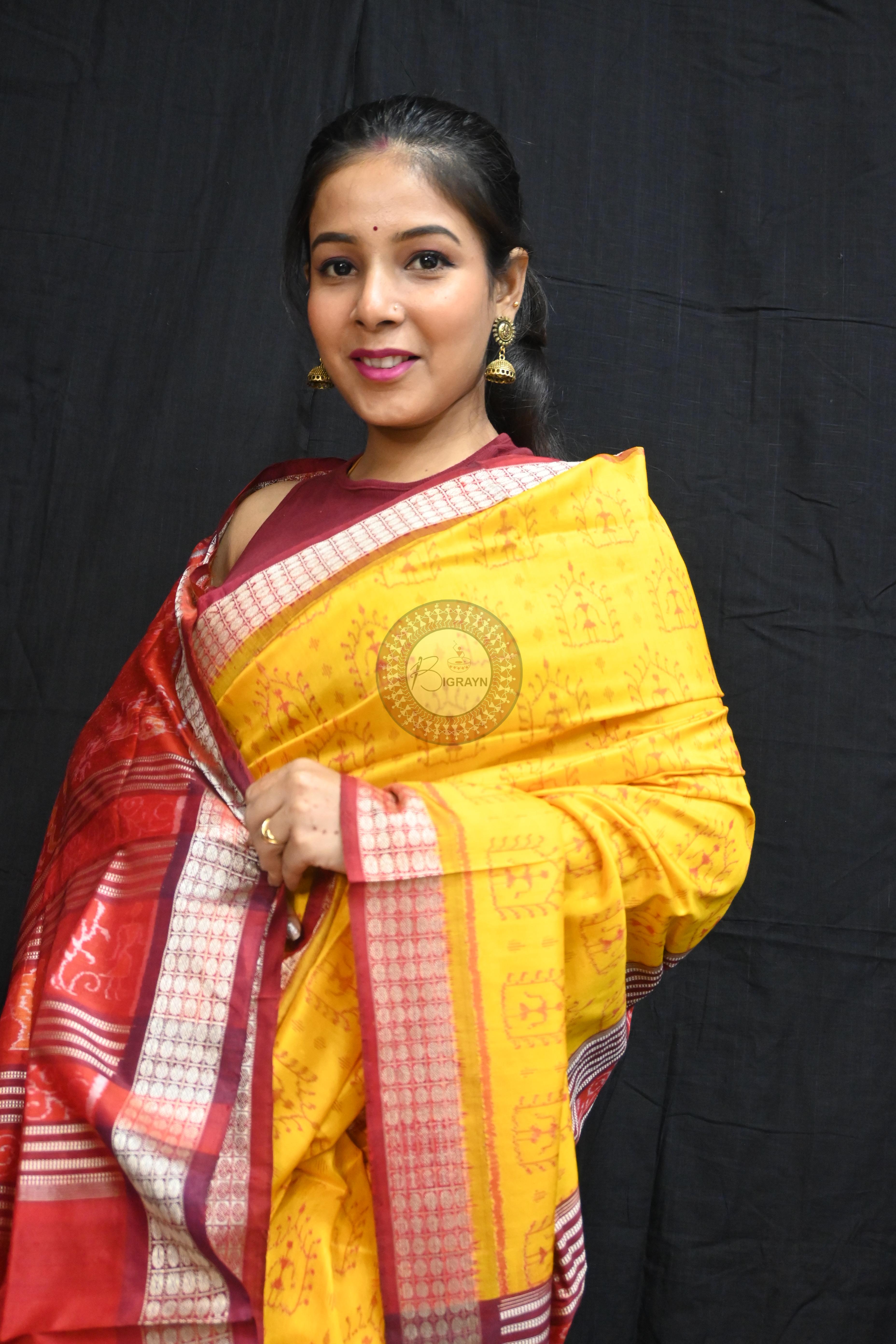 Yellow Maroon Tribal House Sambalpuri Silk Saree