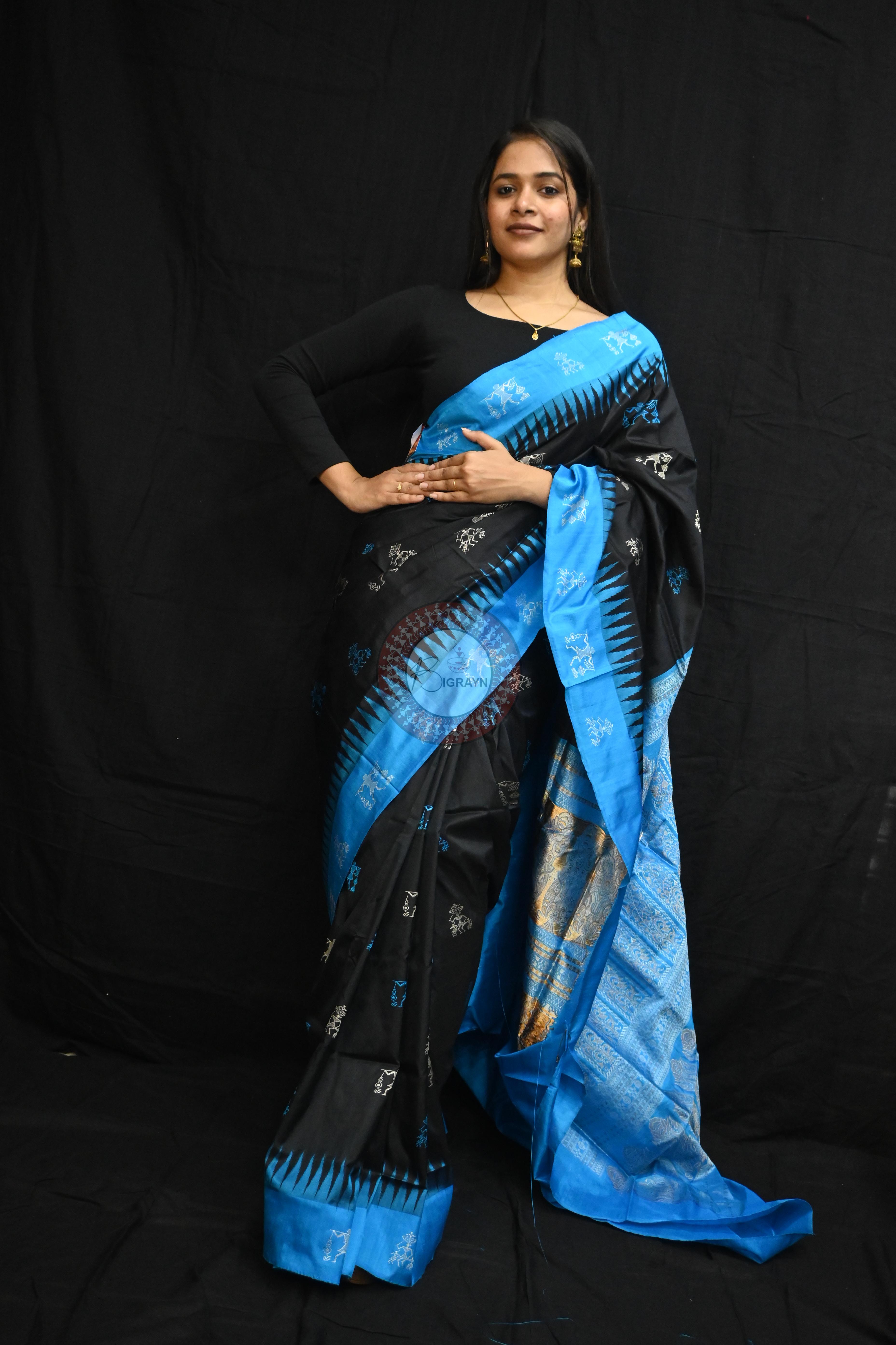 Black Copper Sulphate Sabari Bomkai Silk Saree