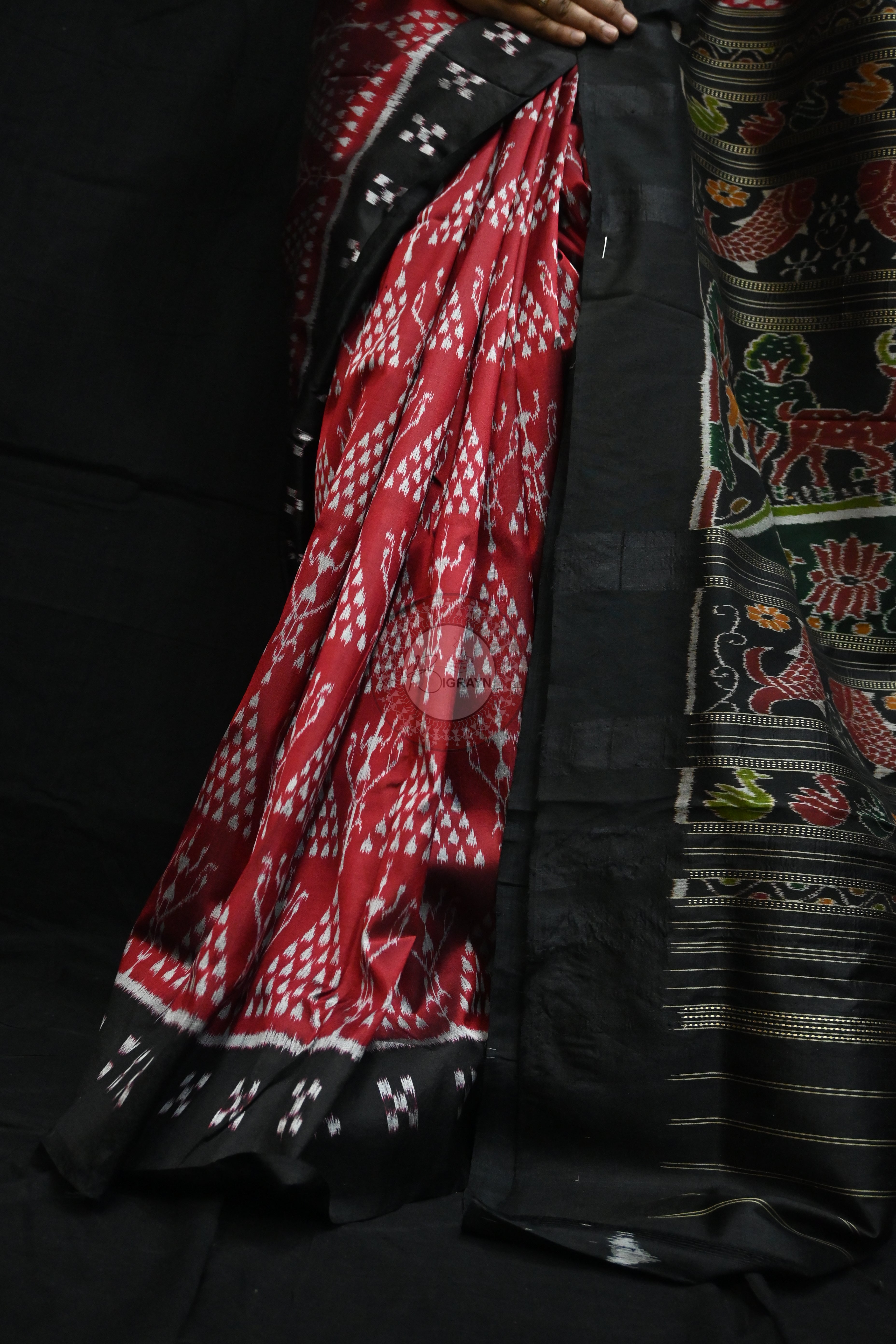 Maroon Black Tribal Chitta Mulberry Silk Saree
