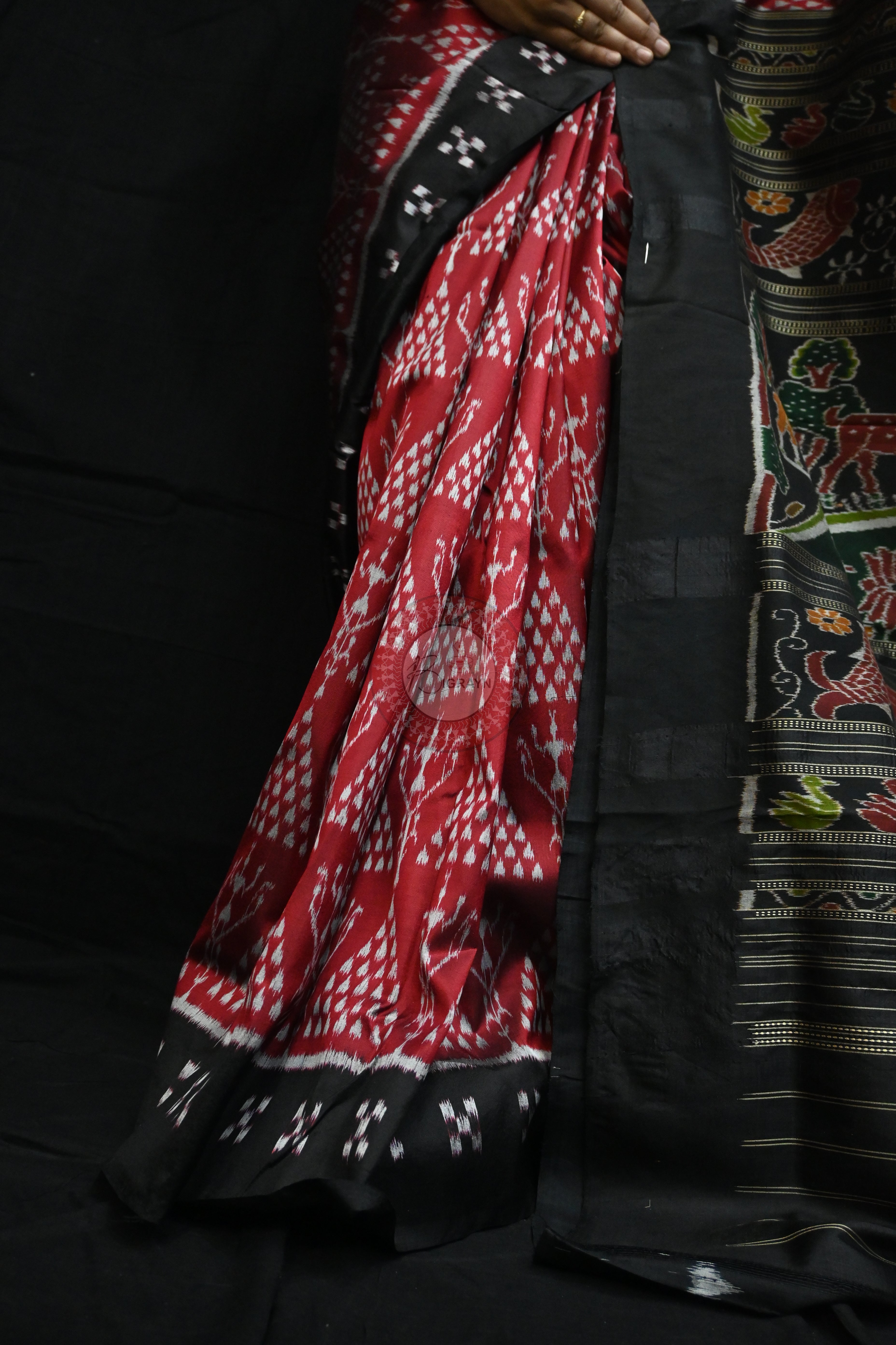 Maroon Black Tribal Chitta Mulberry Silk Saree
