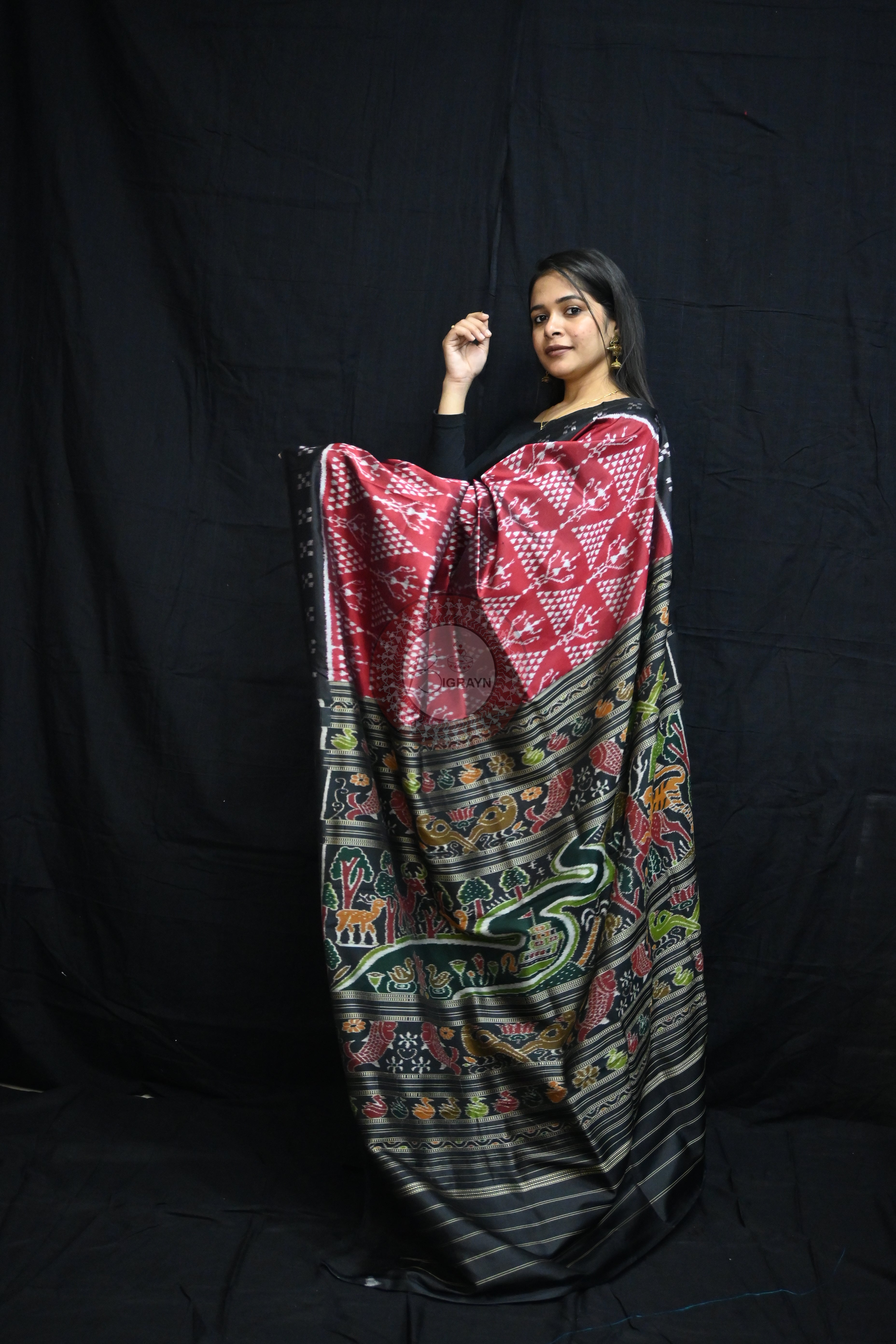 Maroon Black Tribal Chitta Mulberry Silk Saree