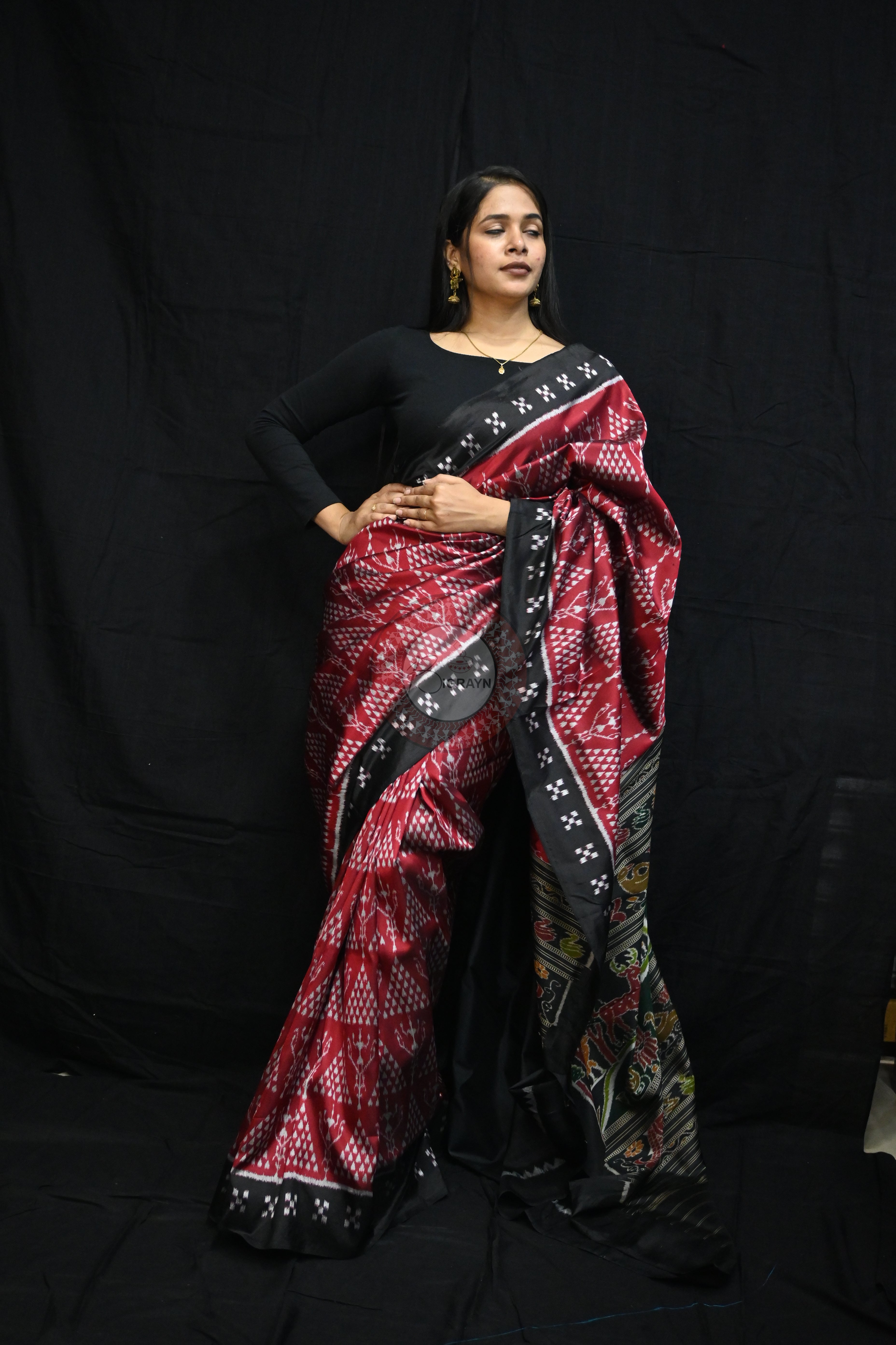 Maroon Black Tribal Chitta Mulberry Silk Saree