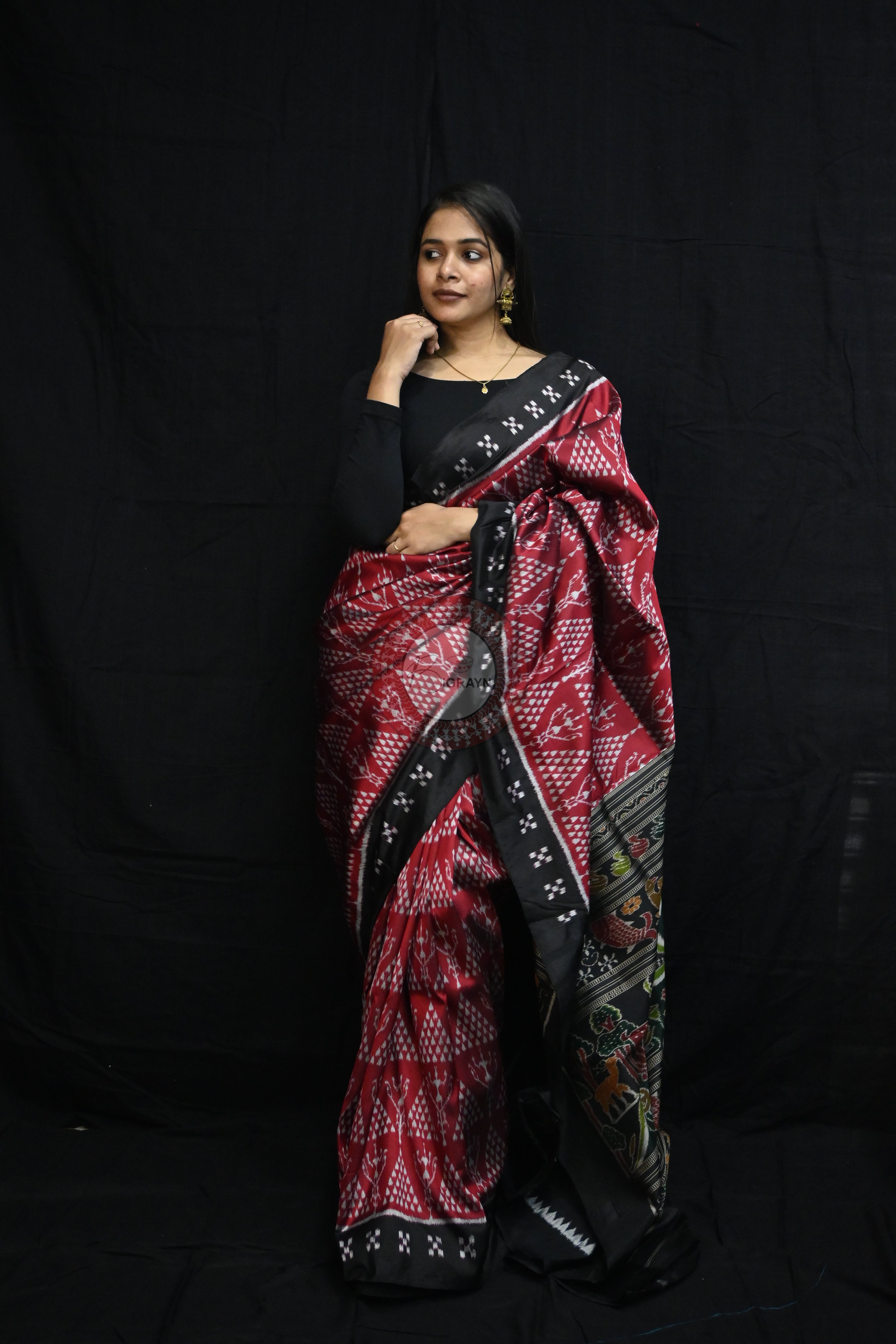 Maroon Black Tribal Chitta Mulberry Silk Saree