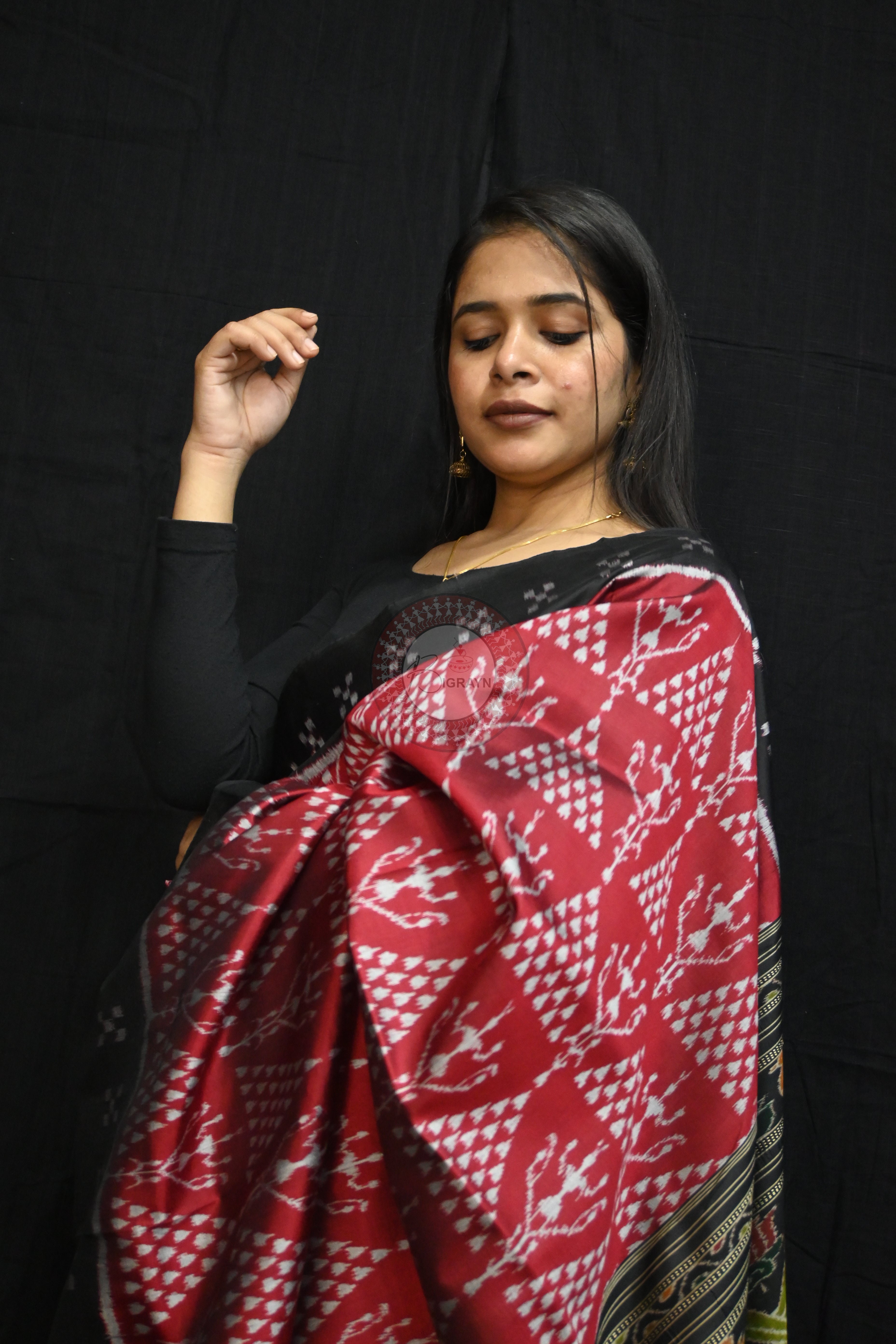 Maroon Black Tribal Chitta Mulberry Silk Saree