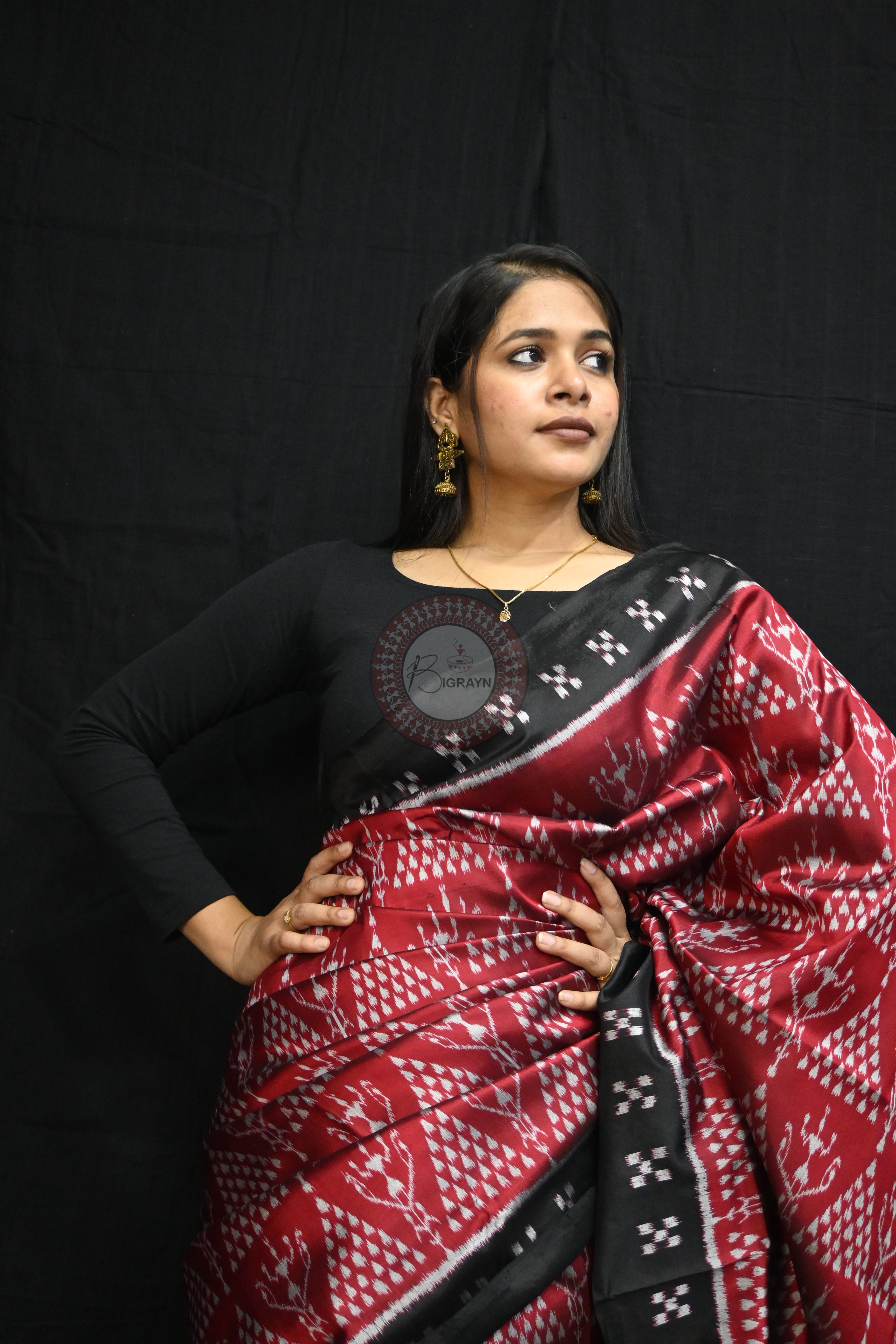 Maroon Black Tribal Chitta Mulberry Silk Saree