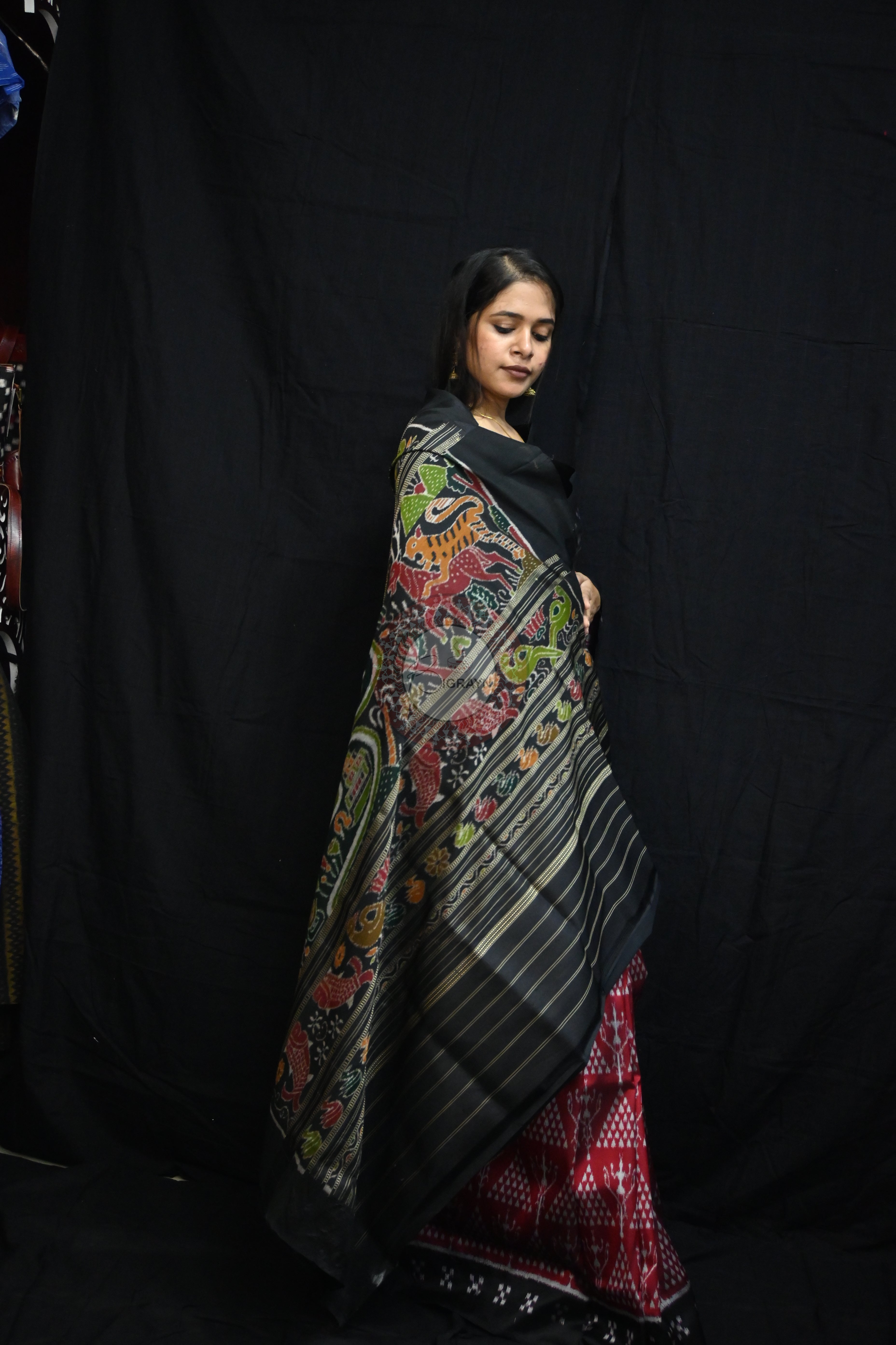 Maroon Black Tribal Chitta Mulberry Silk Saree