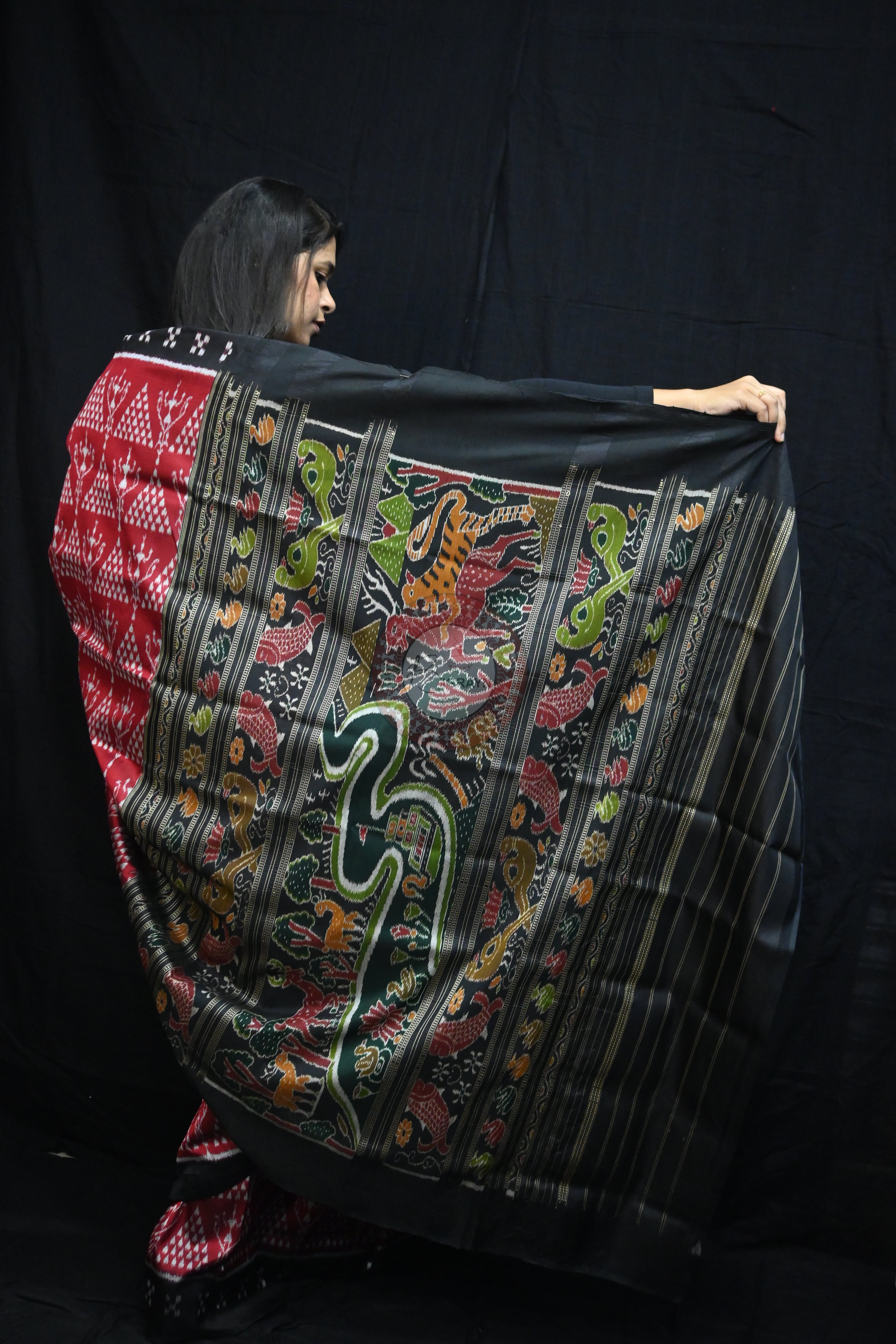 Maroon Black Tribal Chitta Mulberry Silk Saree