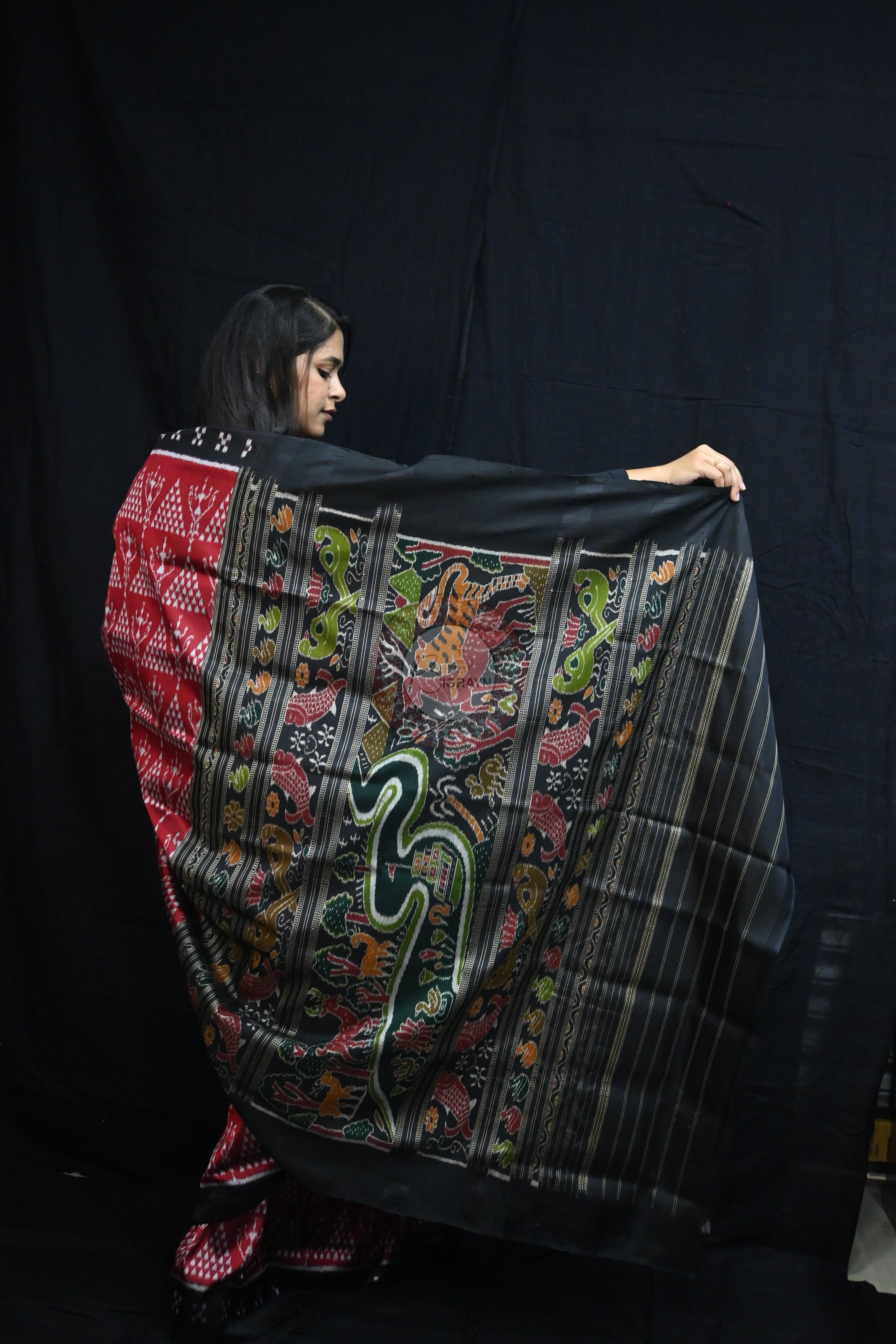 Maroon Black Tribal Chitta Mulberry Silk Saree