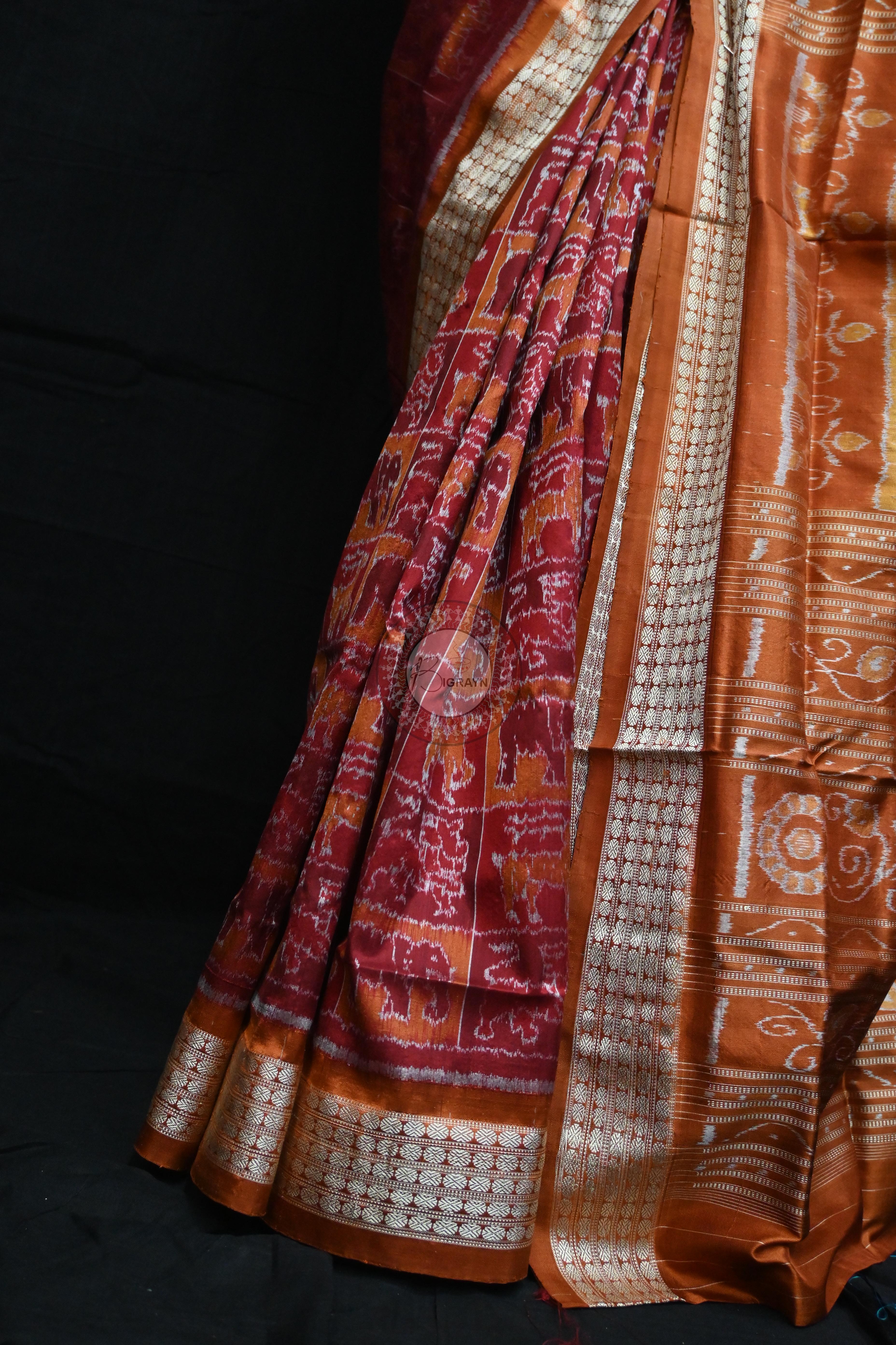 Maroon Rust Animal Bandha Sambalpuri Silk Saree