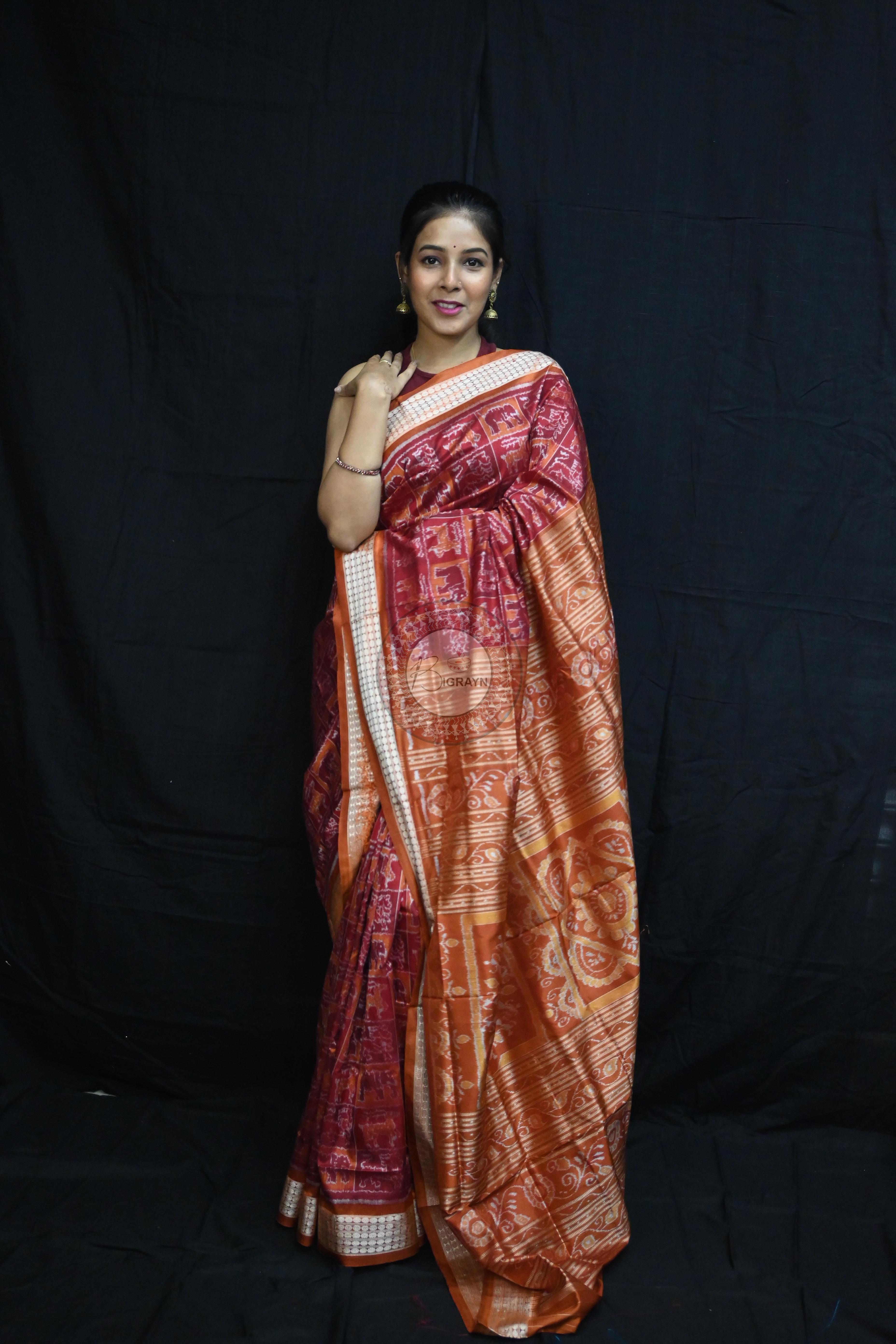 Maroon Rust Animal Bandha Sambalpuri Silk Saree