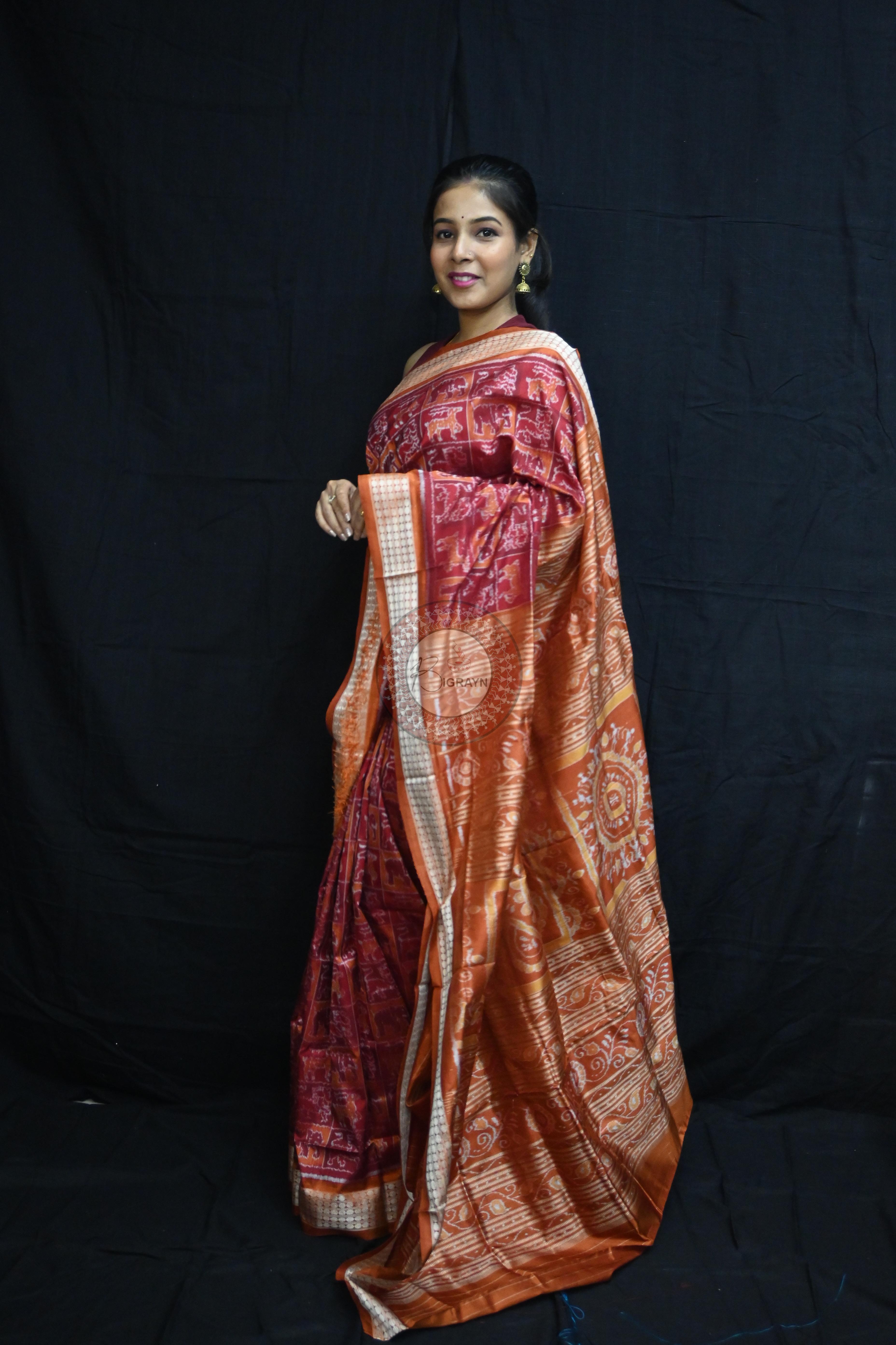 Maroon Rust Animal Bandha Sambalpuri Silk Saree