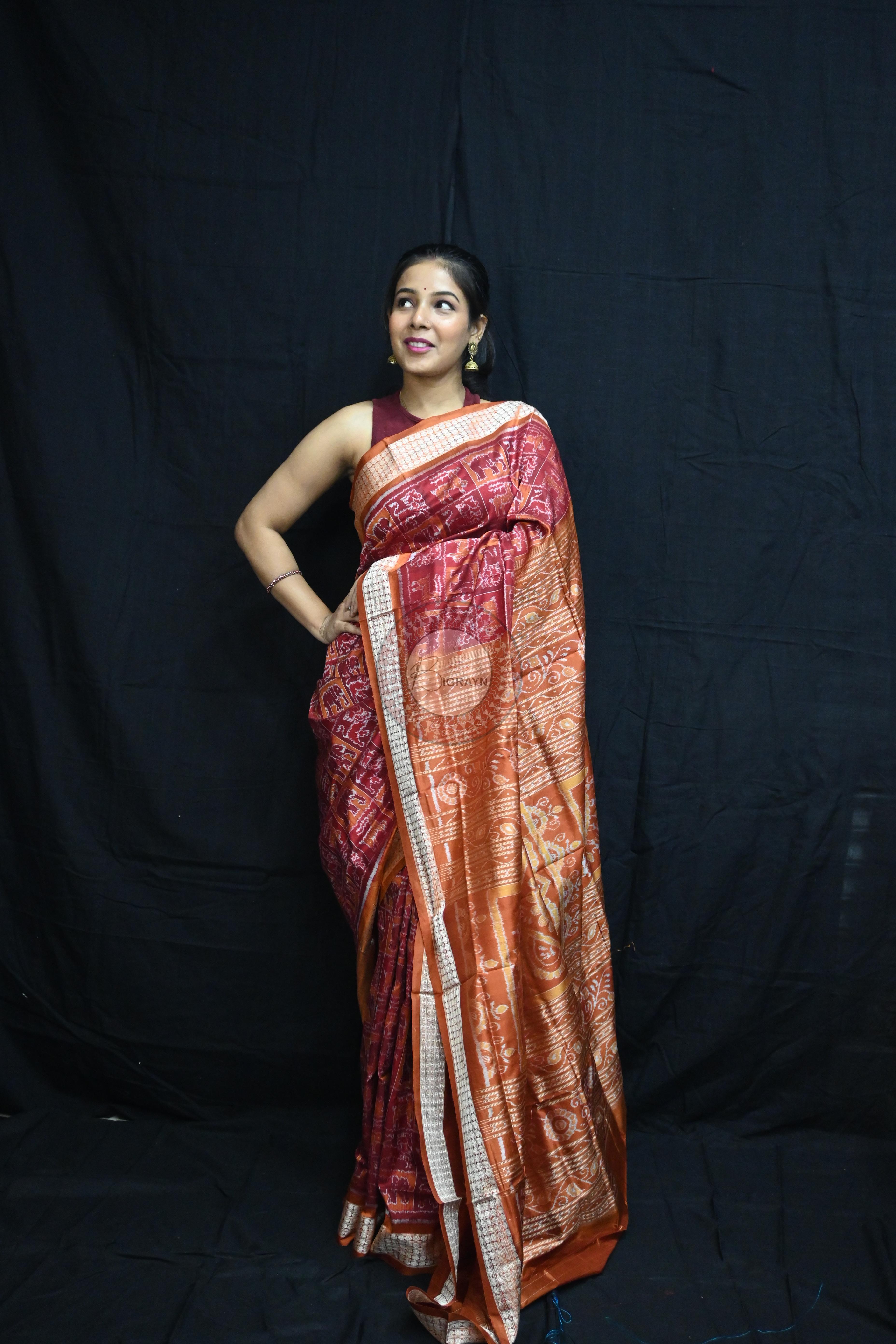 Maroon Rust Animal Bandha Sambalpuri Silk Saree