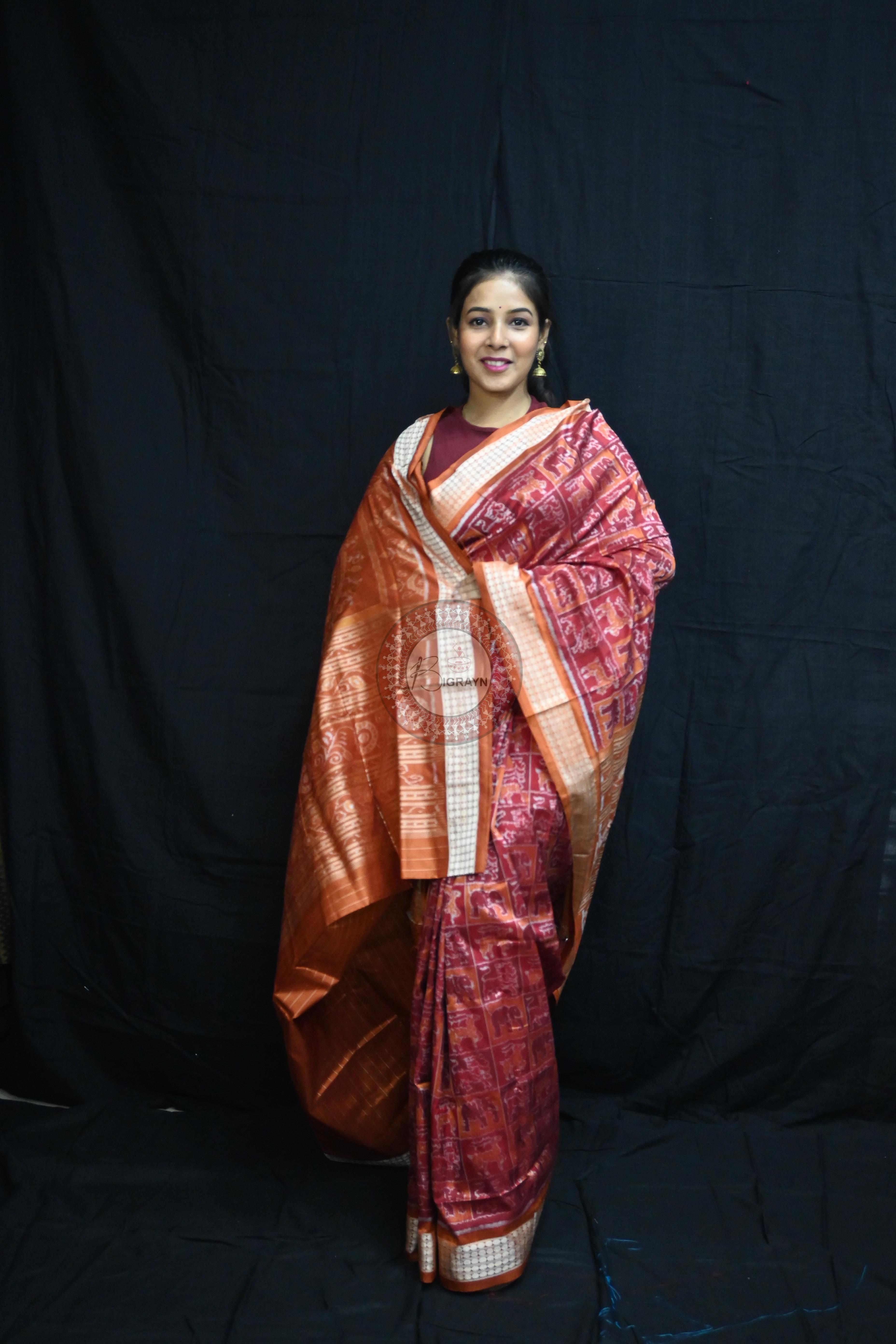 Maroon Rust Animal Bandha Sambalpuri Silk Saree