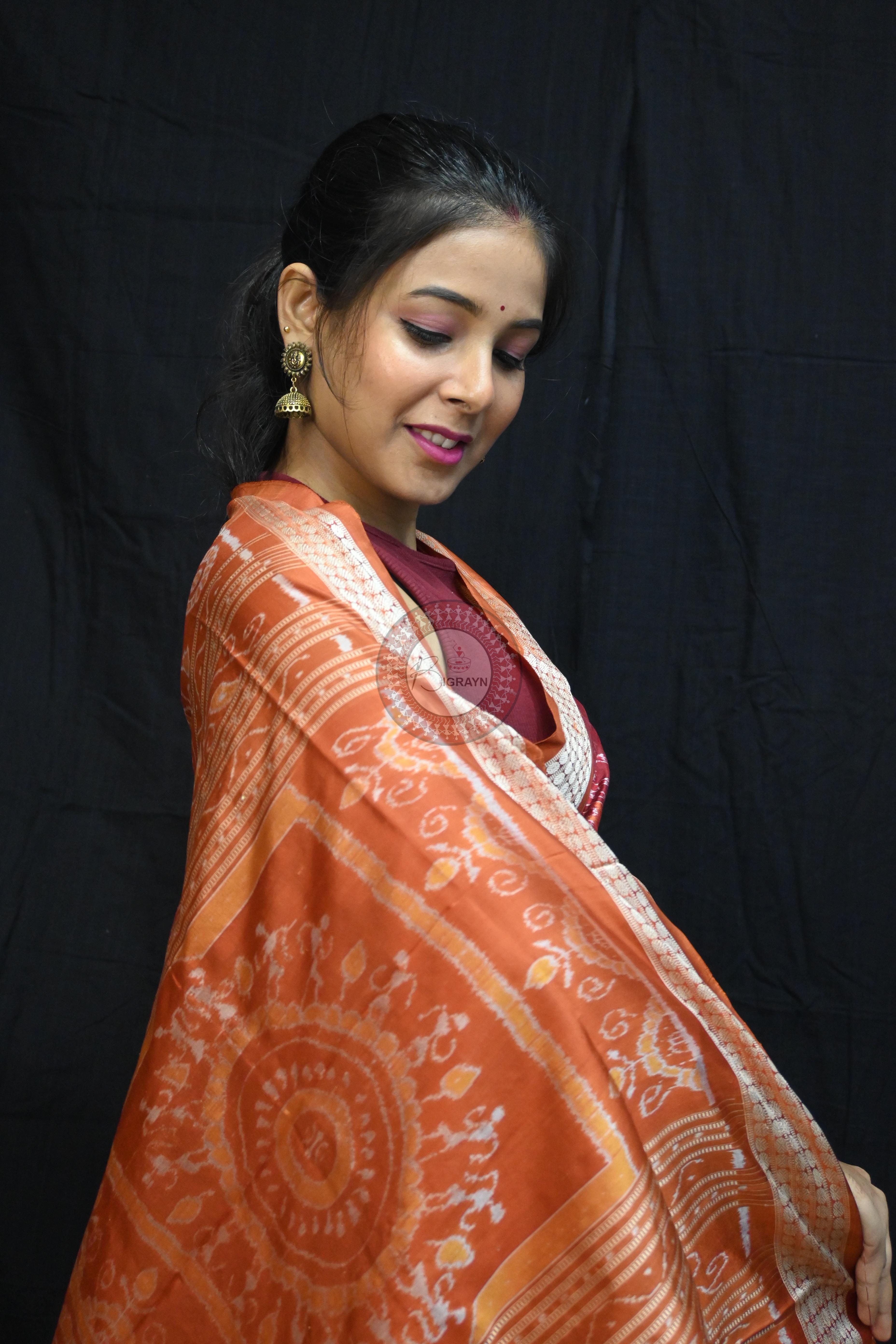 Maroon Rust Animal Bandha Sambalpuri Silk Saree