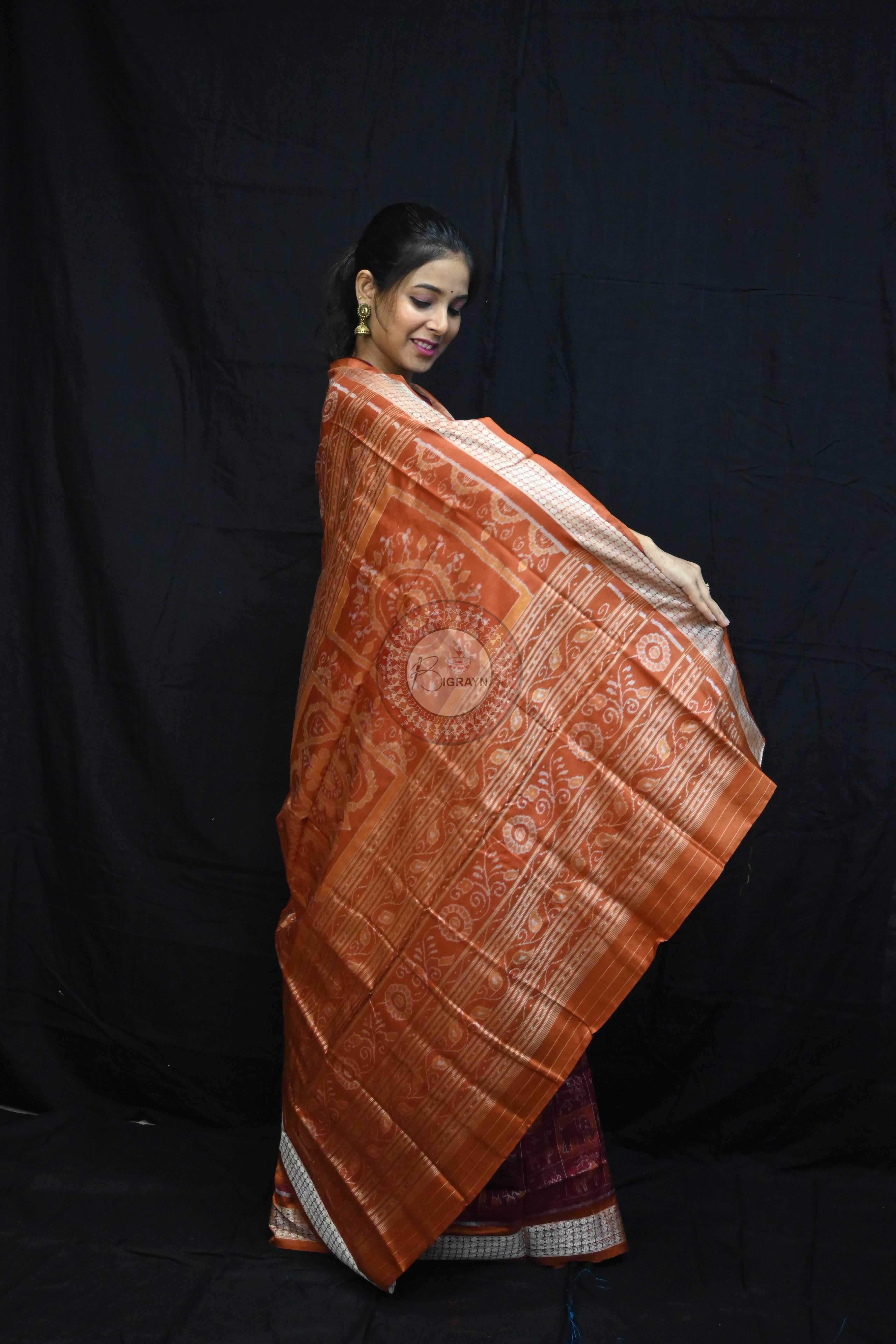 Maroon Rust Animal Bandha Sambalpuri Silk Saree