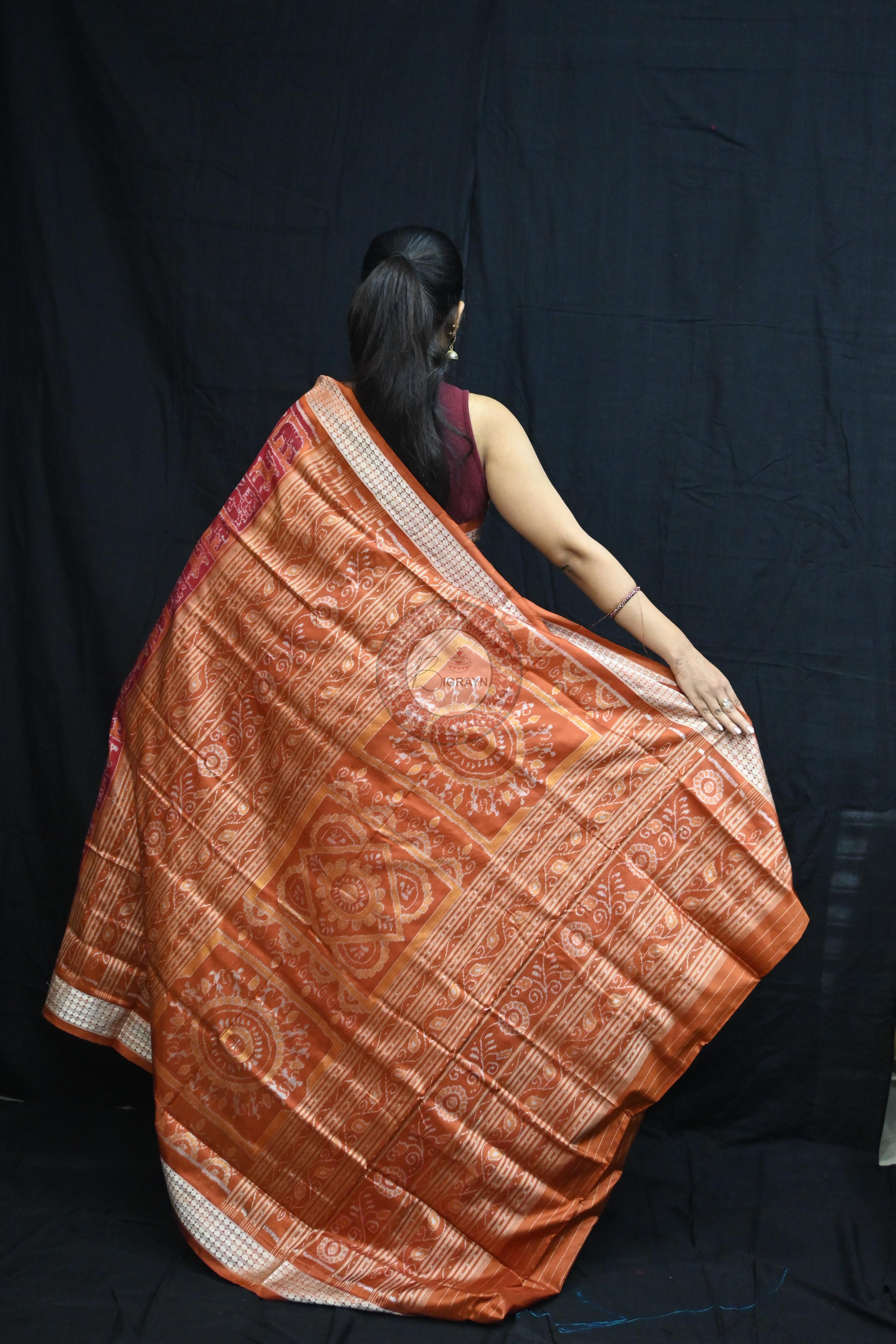 Maroon Rust Animal Bandha Sambalpuri Silk Saree