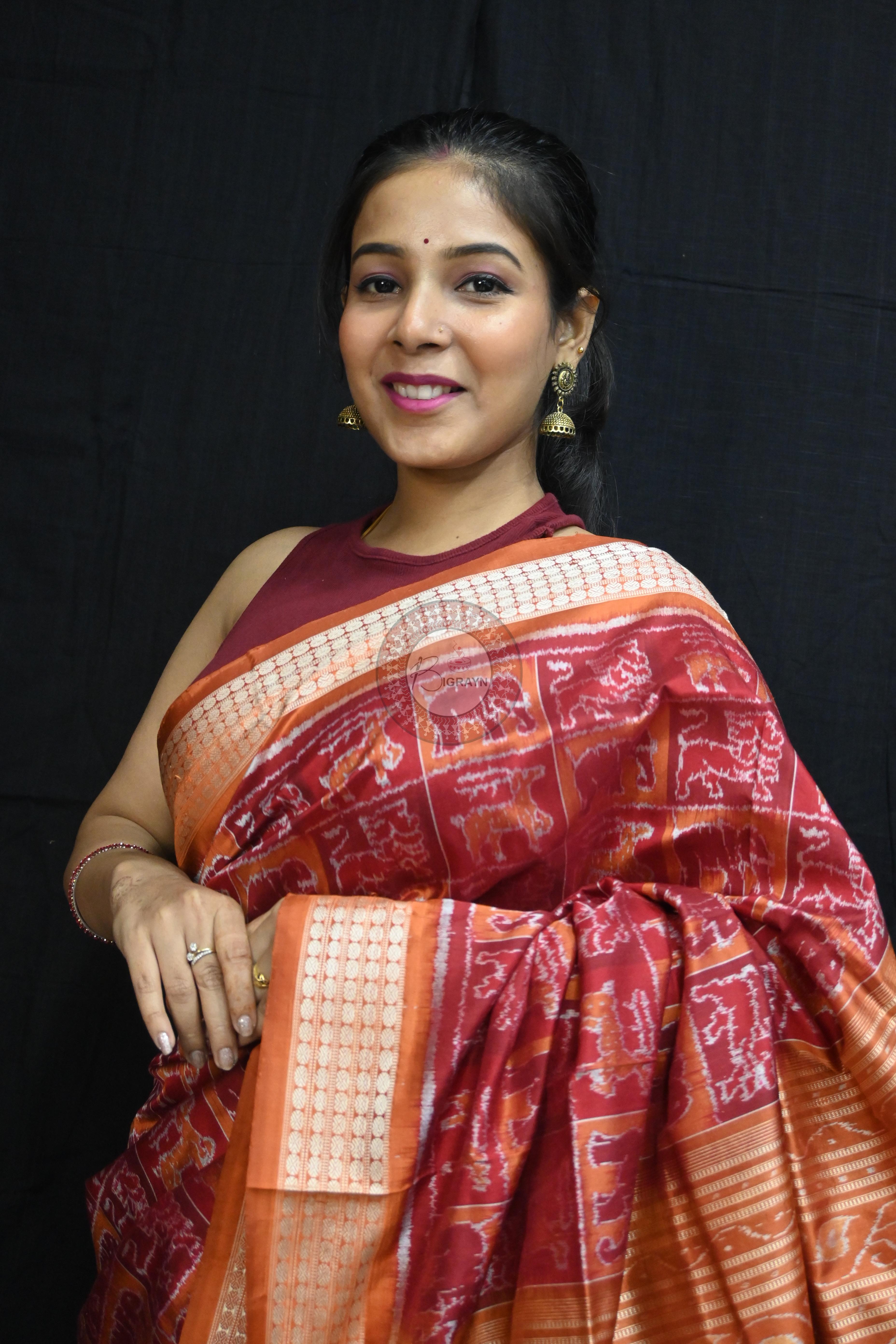 Maroon Rust Animal Bandha Sambalpuri Silk Saree