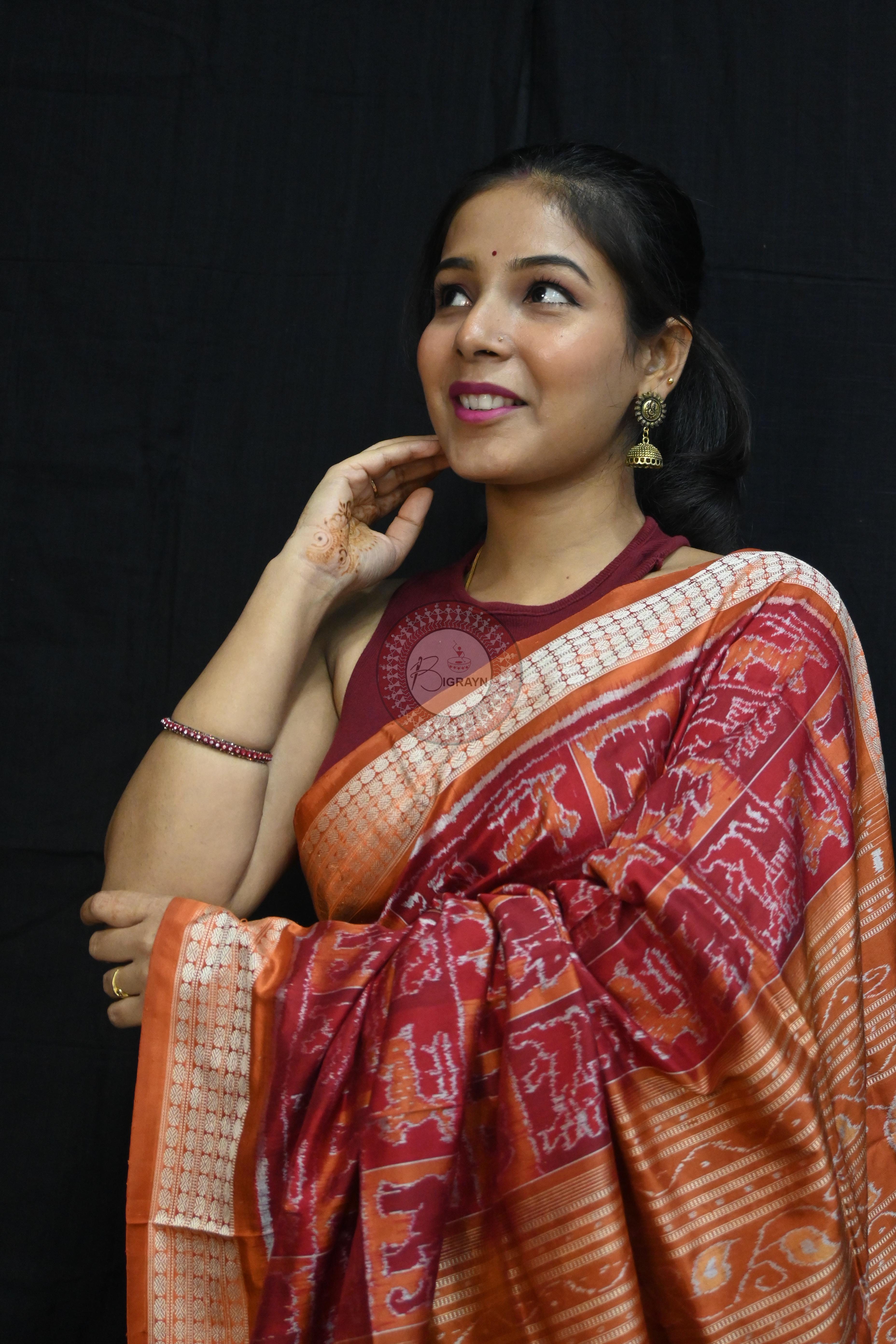 Maroon Rust Animal Bandha Sambalpuri Silk Saree