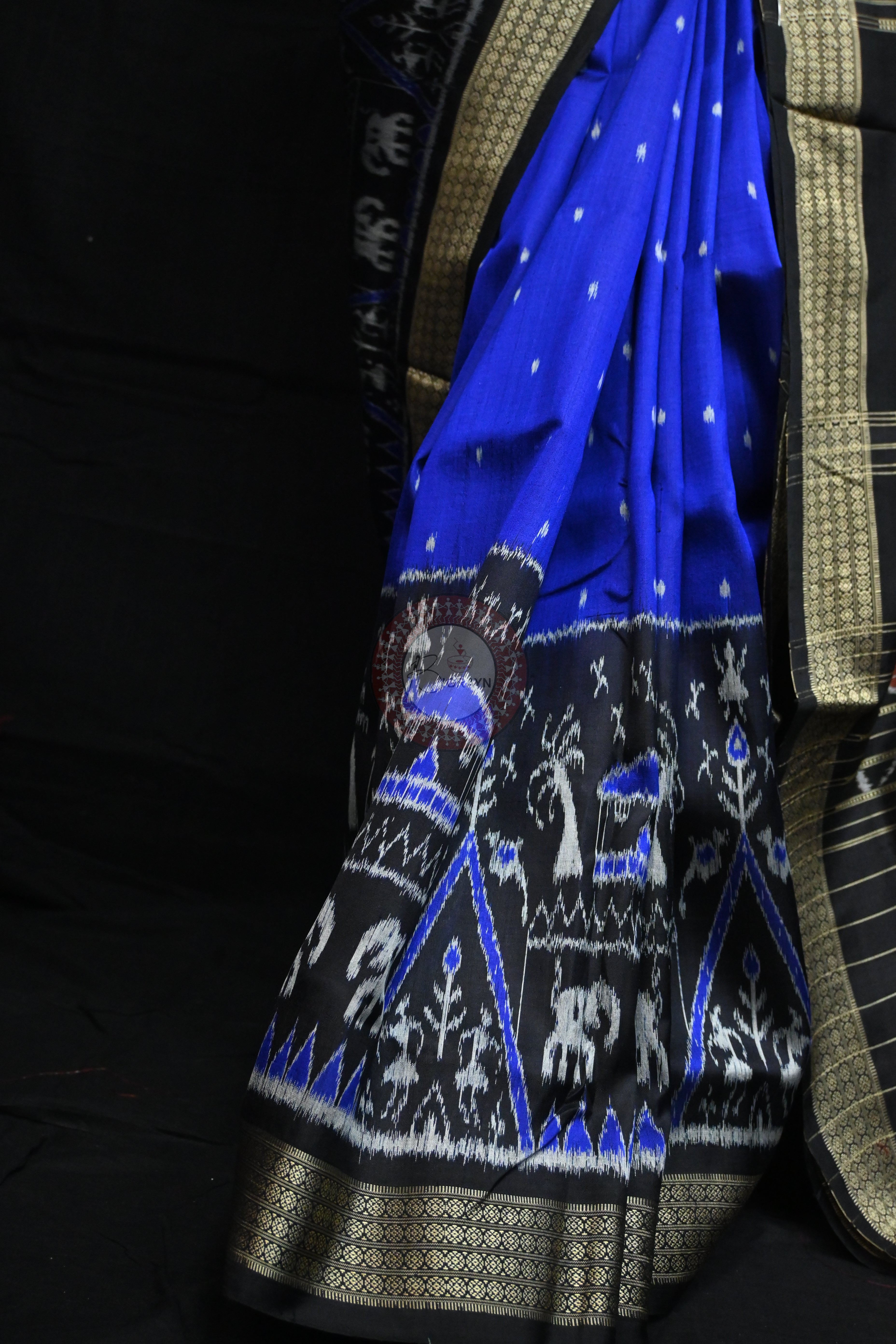 Blue Black Tribal House Scot Mulberry Silk Saree