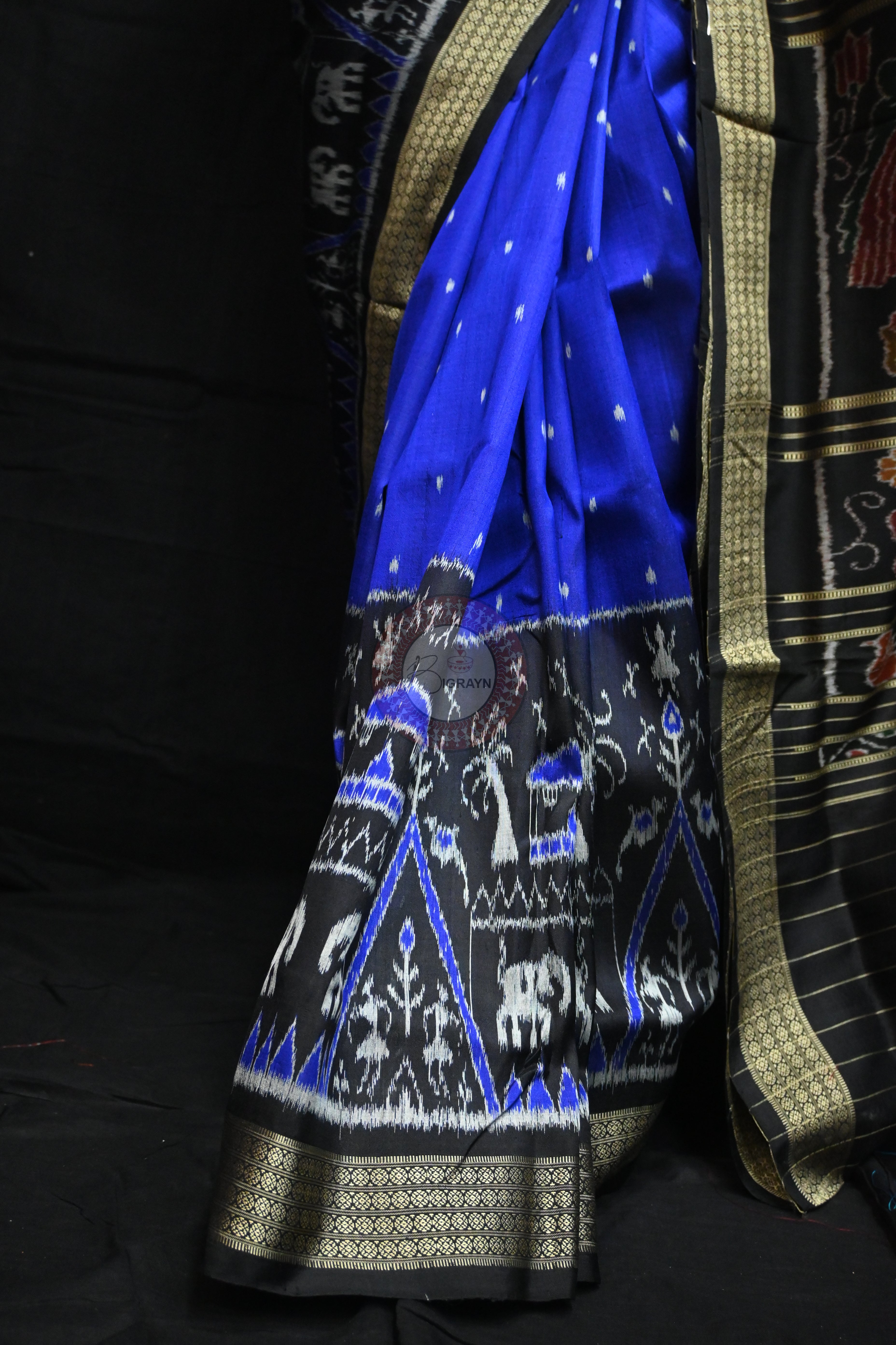 Blue Black Tribal House Scot Mulberry Silk Saree