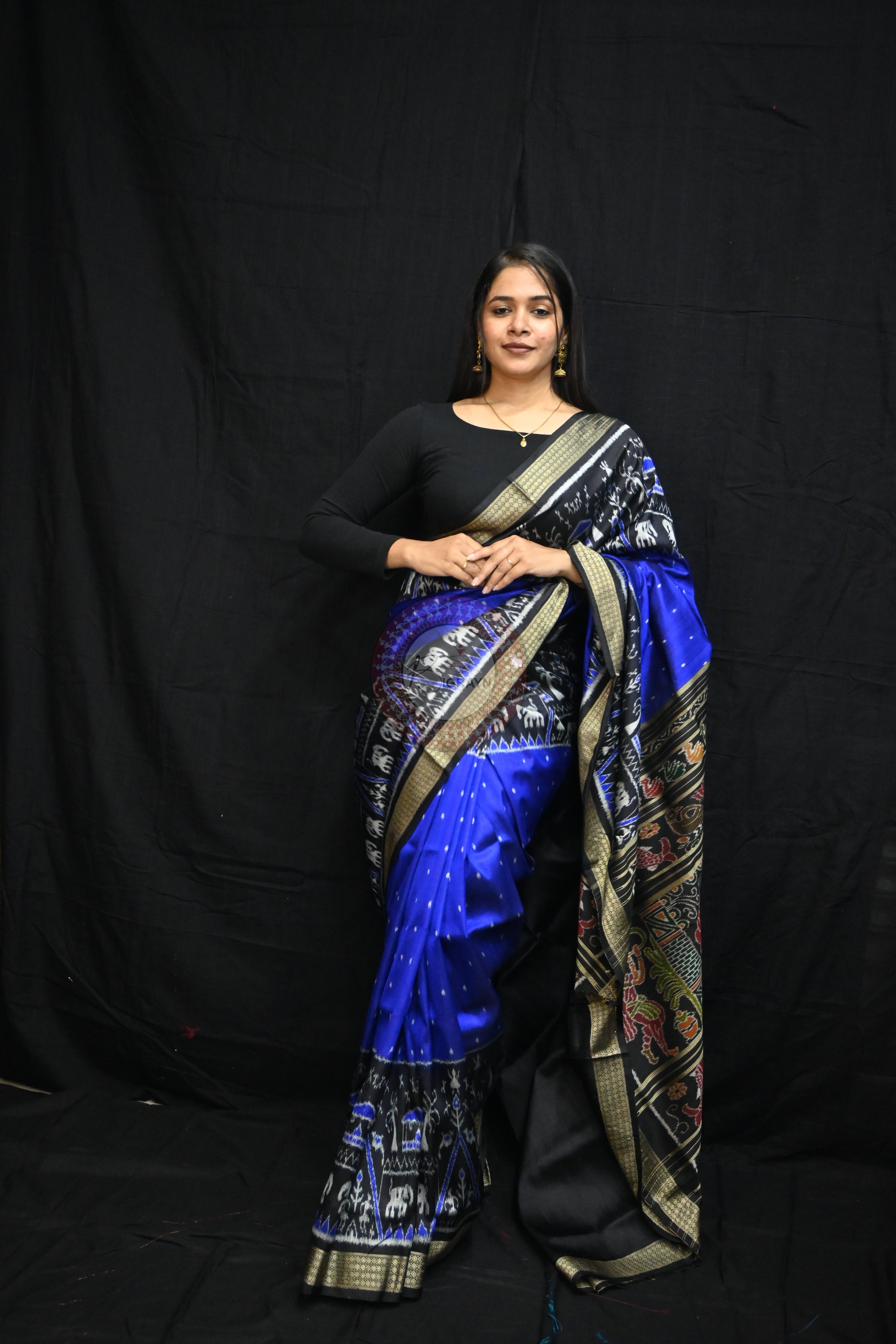 Blue Black Tribal House Scot Mulberry Silk Saree