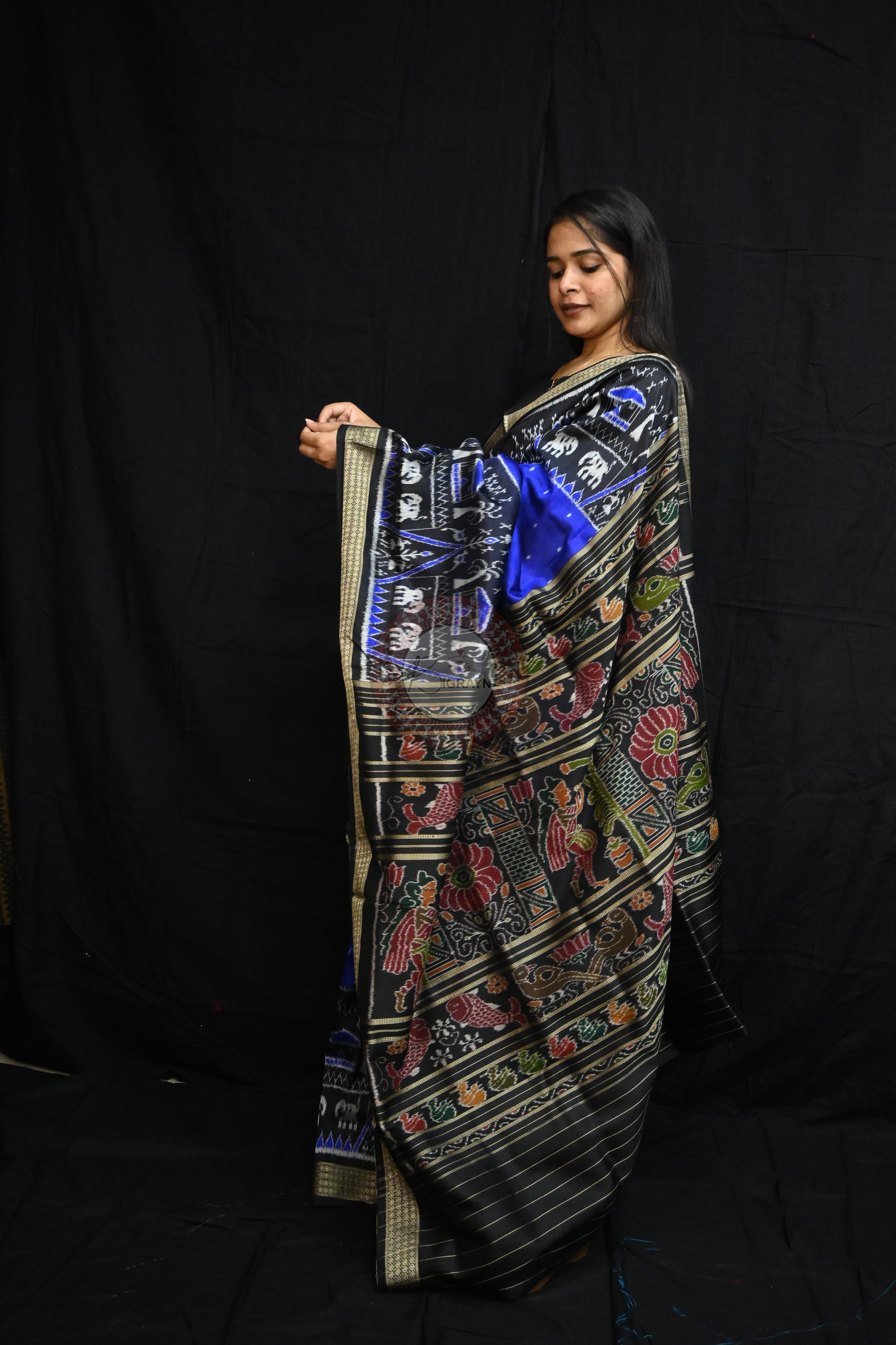 Blue Black Tribal House Scot Mulberry Silk Saree