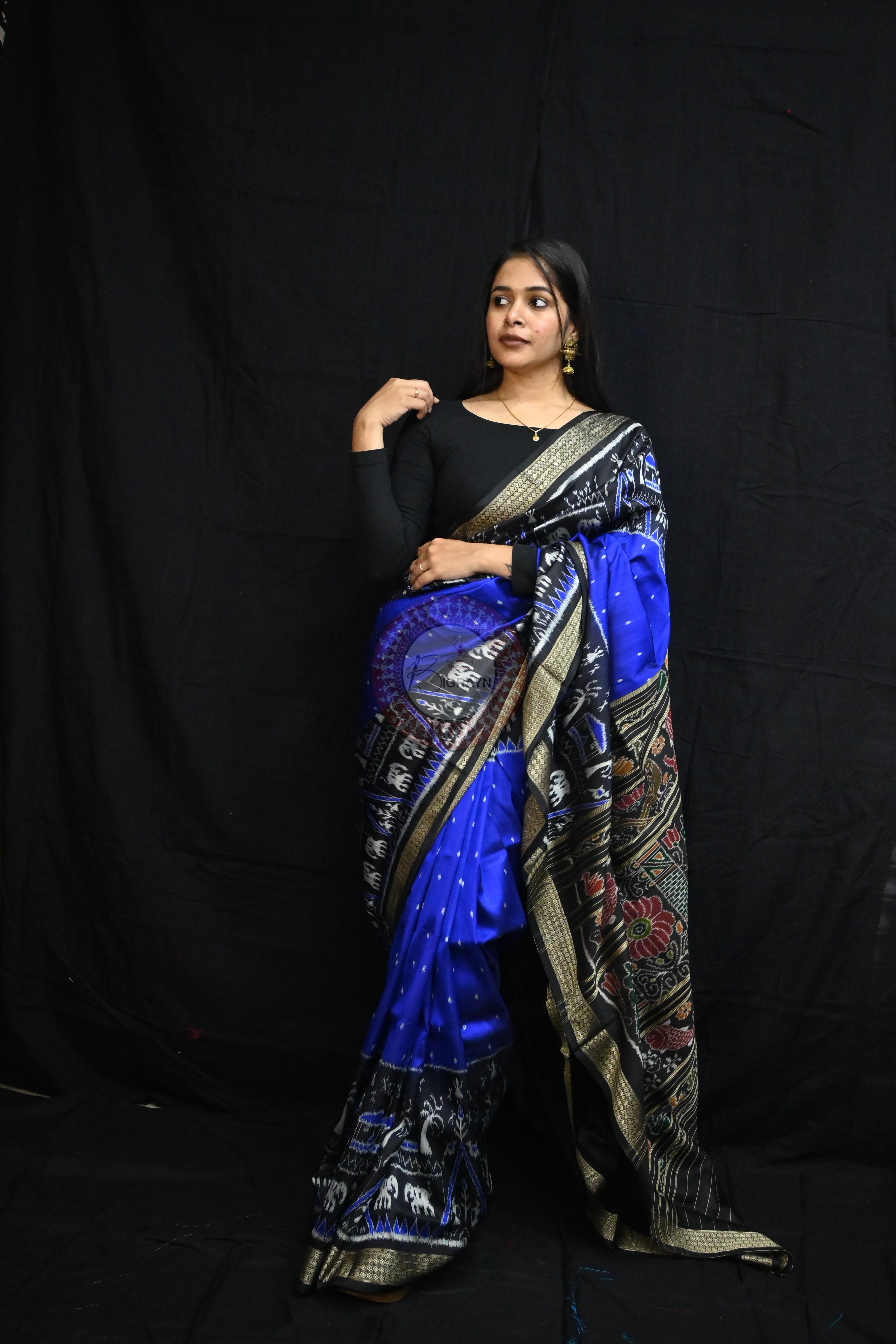 Blue Black Tribal House Scot Mulberry Silk Saree