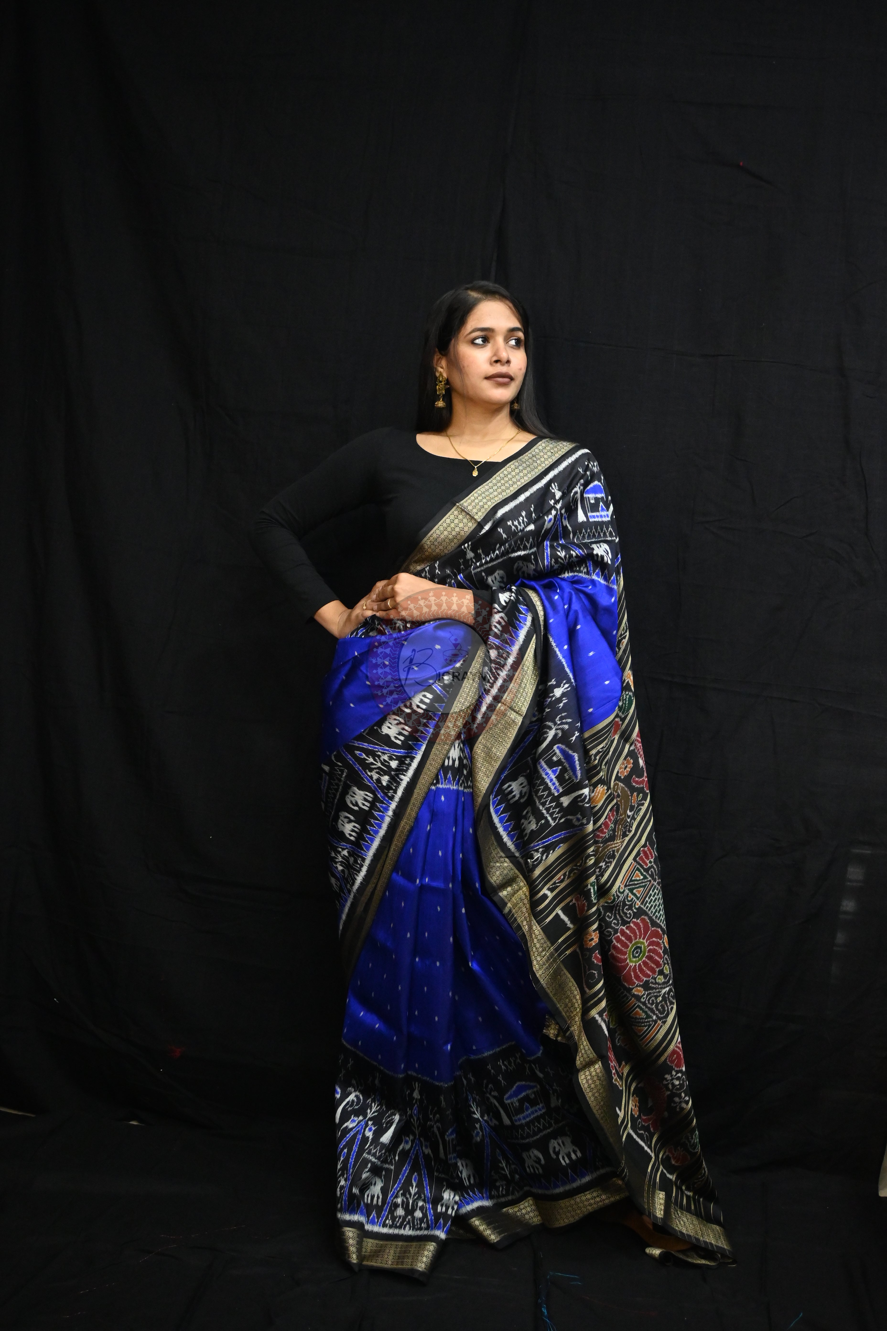 Blue Black Tribal House Scot Mulberry Silk Saree