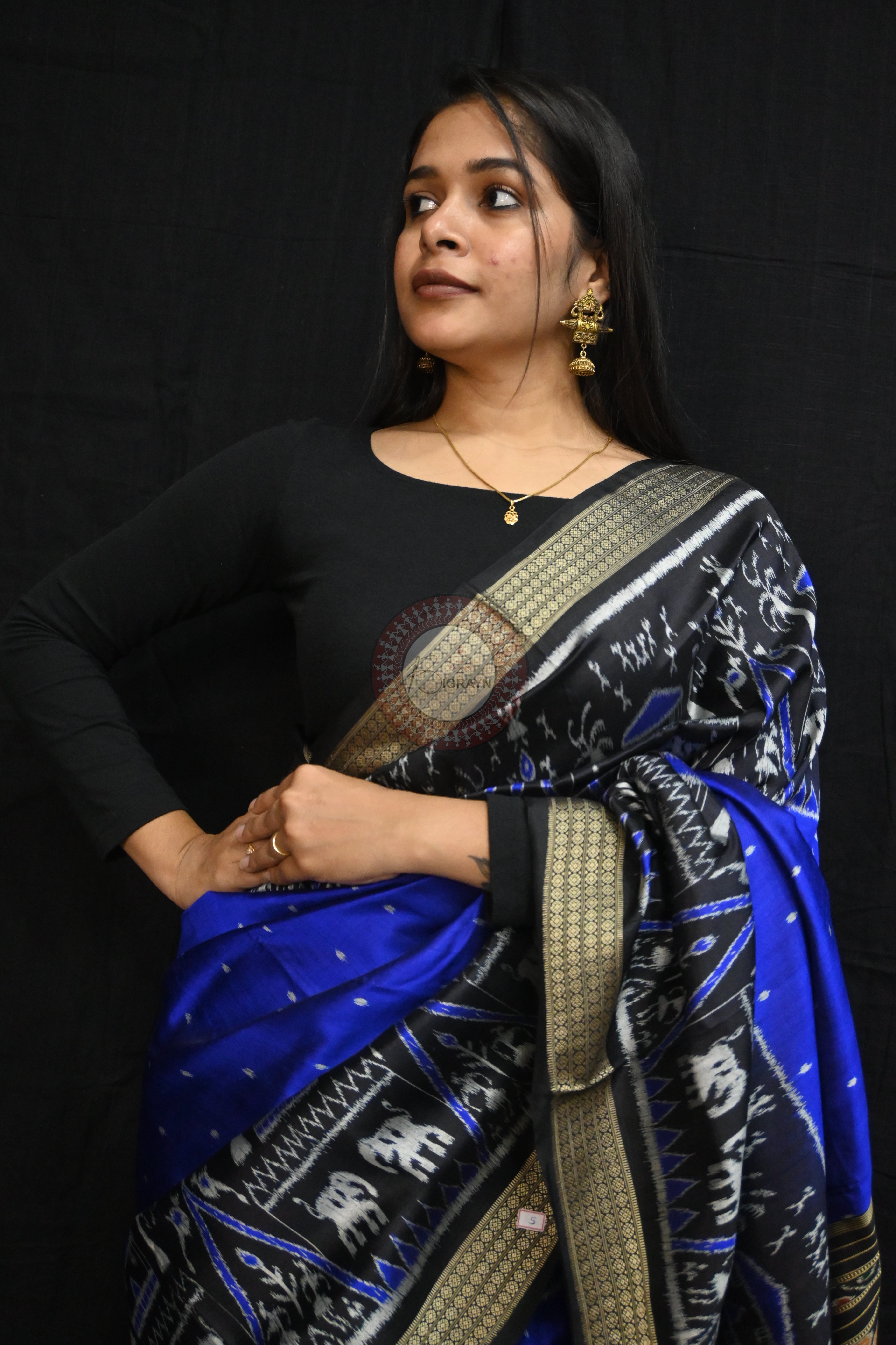 Blue Black Tribal House Scot Mulberry Silk Saree