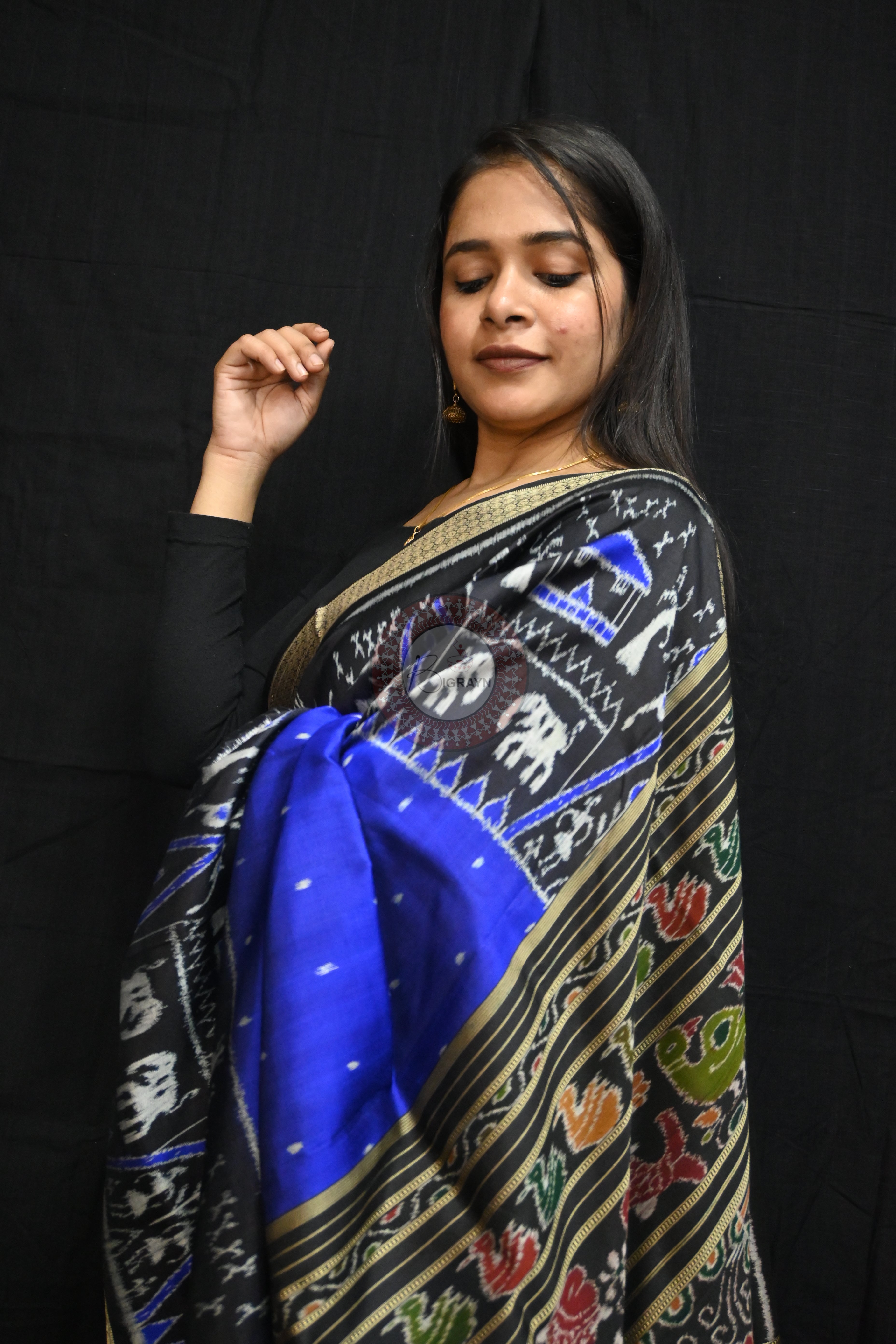 Blue Black Tribal House Scot Mulberry Silk Saree
