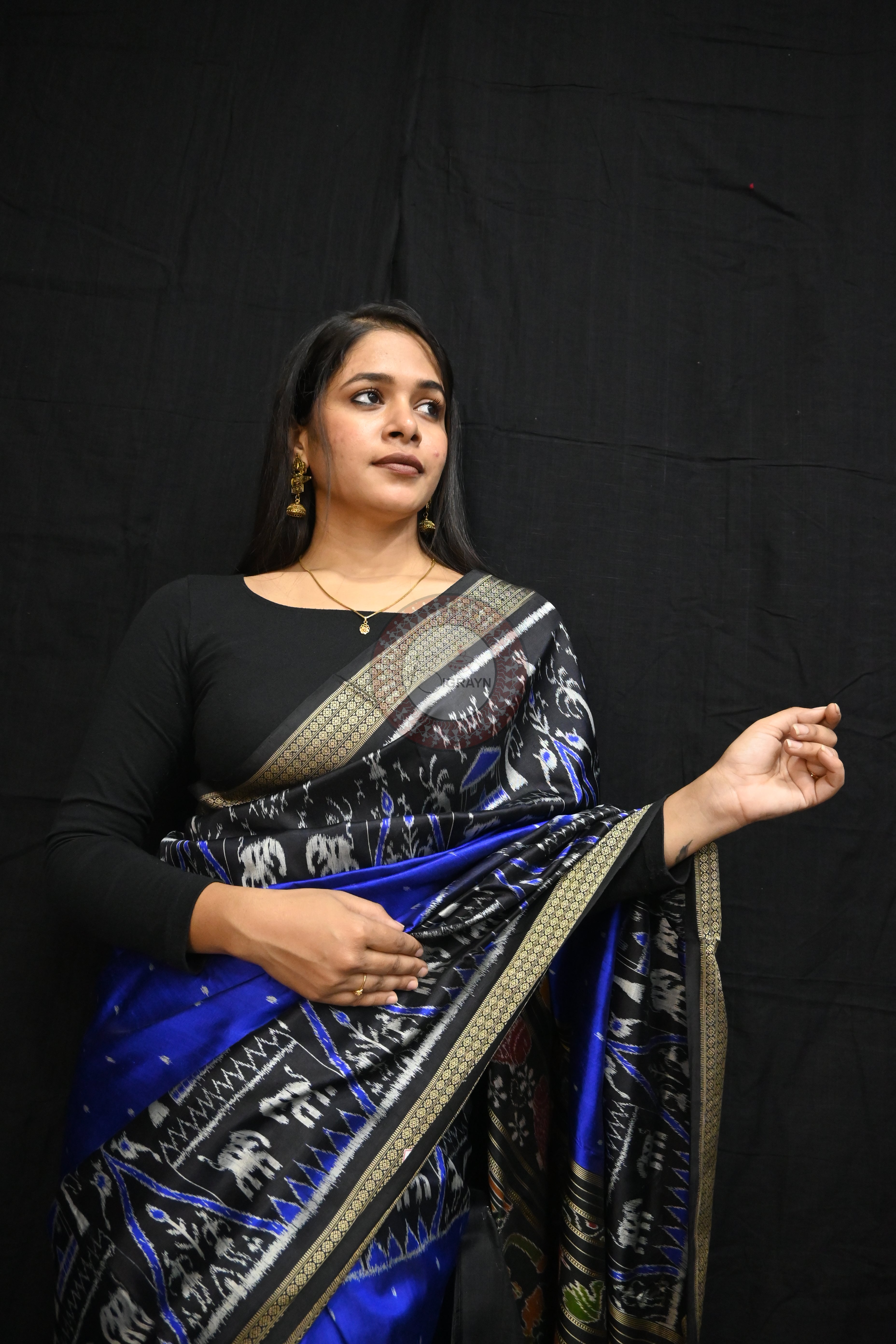 Blue Black Tribal House Scot Mulberry Silk Saree